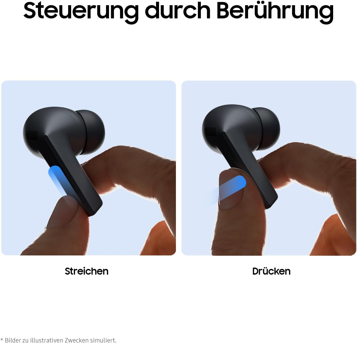 Czarne słuchawki obsługiwane palcami: przesuń i naciśnij.