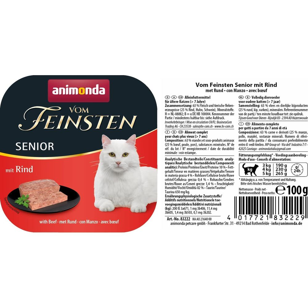 Animonda Feinsten Senior: Karma dla kota z wołowiną, z kotem i jedzeniem.