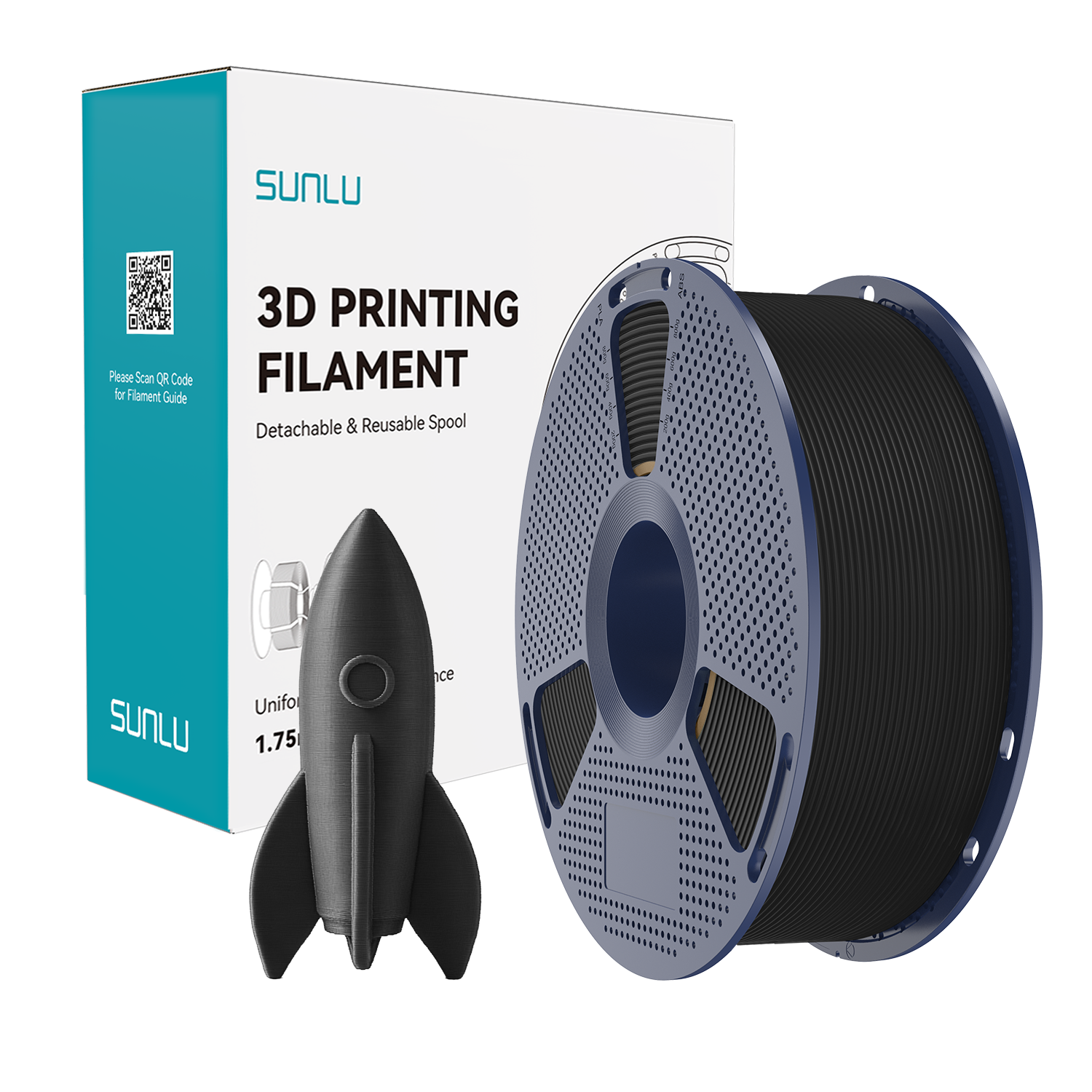Siyah 3D baskı filament makarası ve roket modeli, SUNLU kutusunun yanında.
