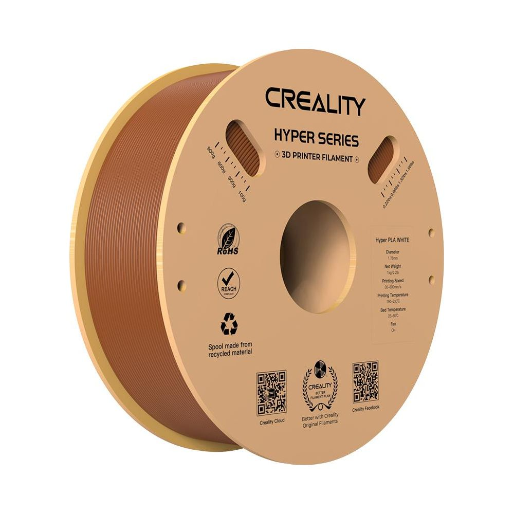 Siyah metin ve özelliklere sahip kahverengi bir Creality 3D yazıcı filament makarası.