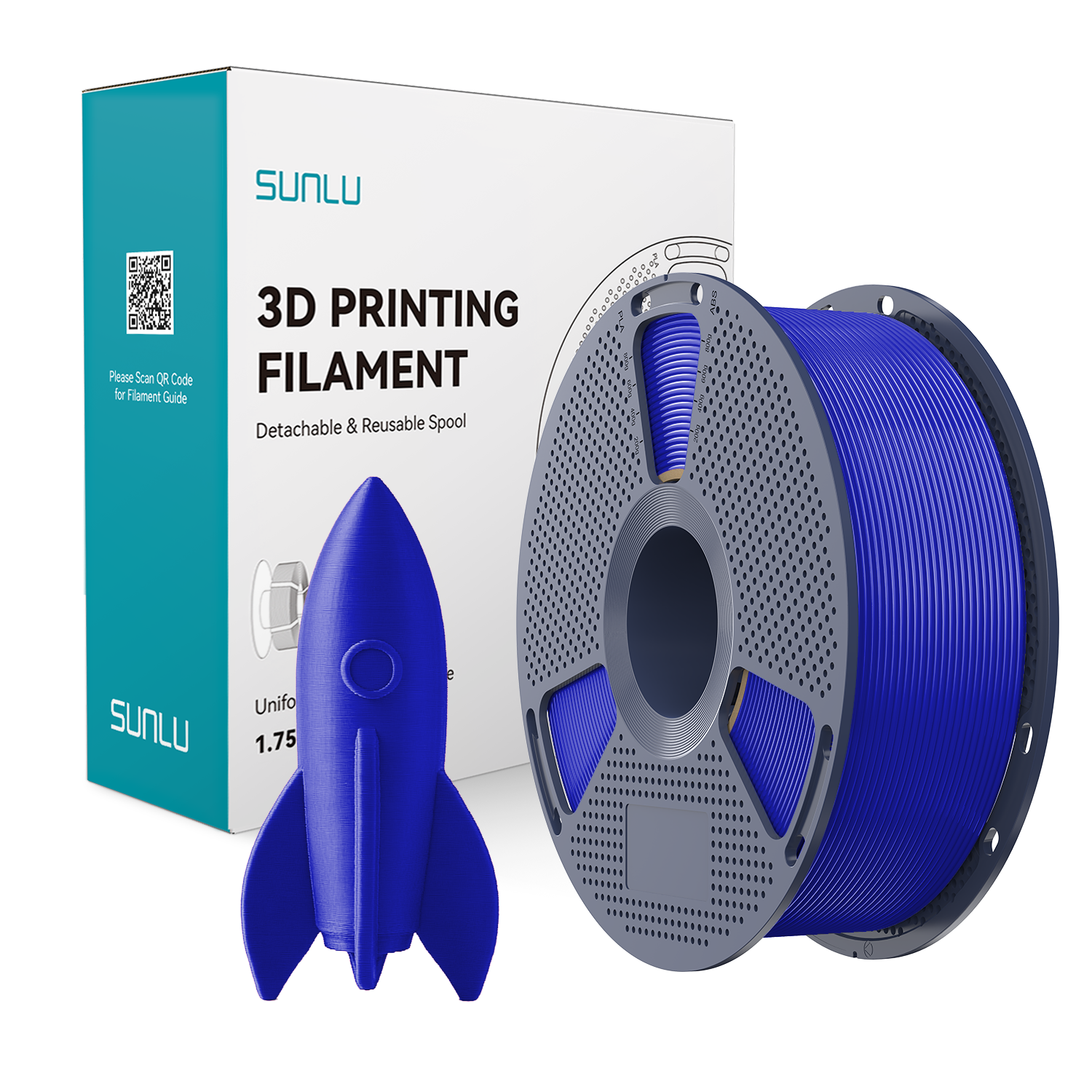 Mavi 3B baskı filament makarası ve roket modeli, SUNLU kutusunun yanında.