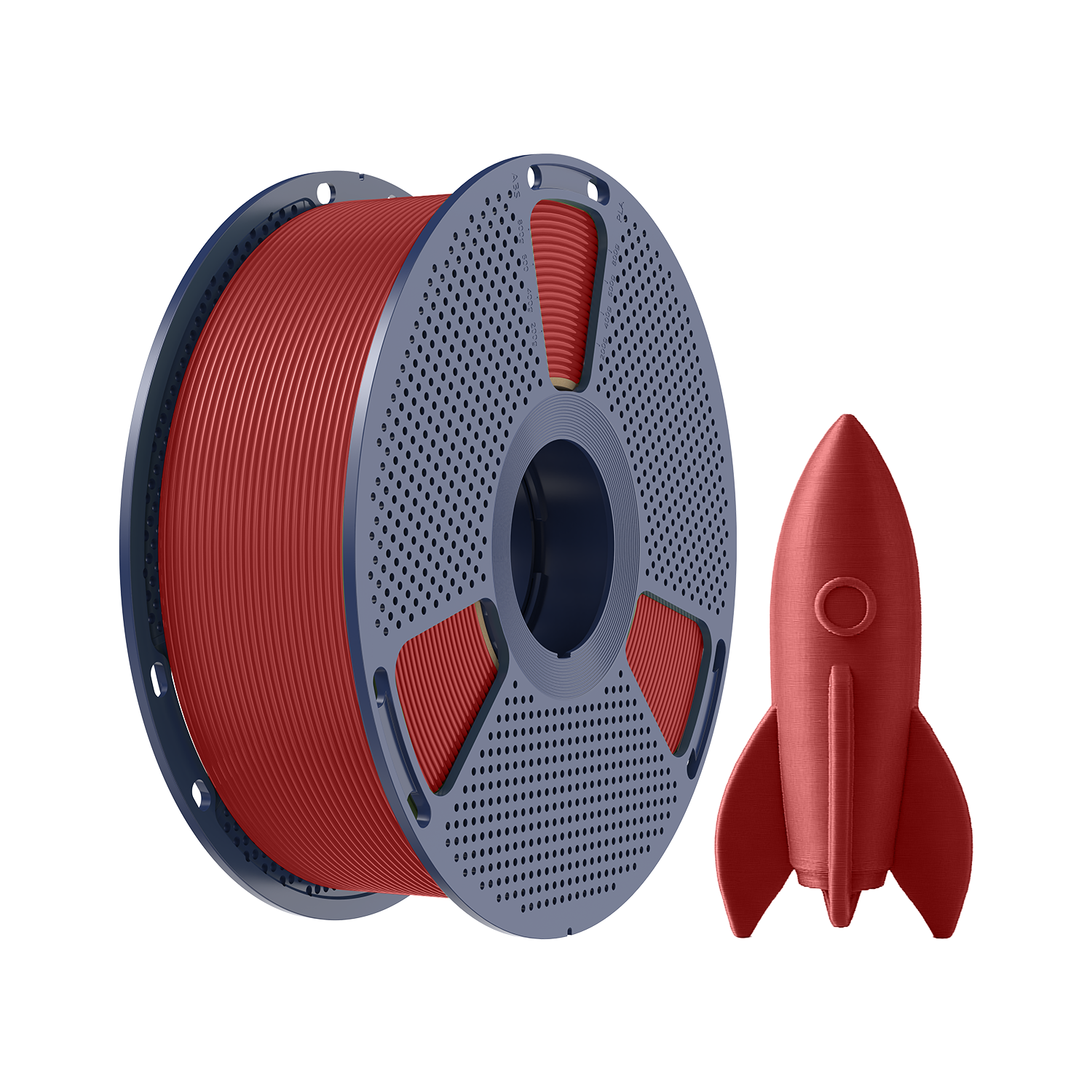 Kırmızı bir 3D yazıcı filament makarası ve kırmızı bir roket yan yana.