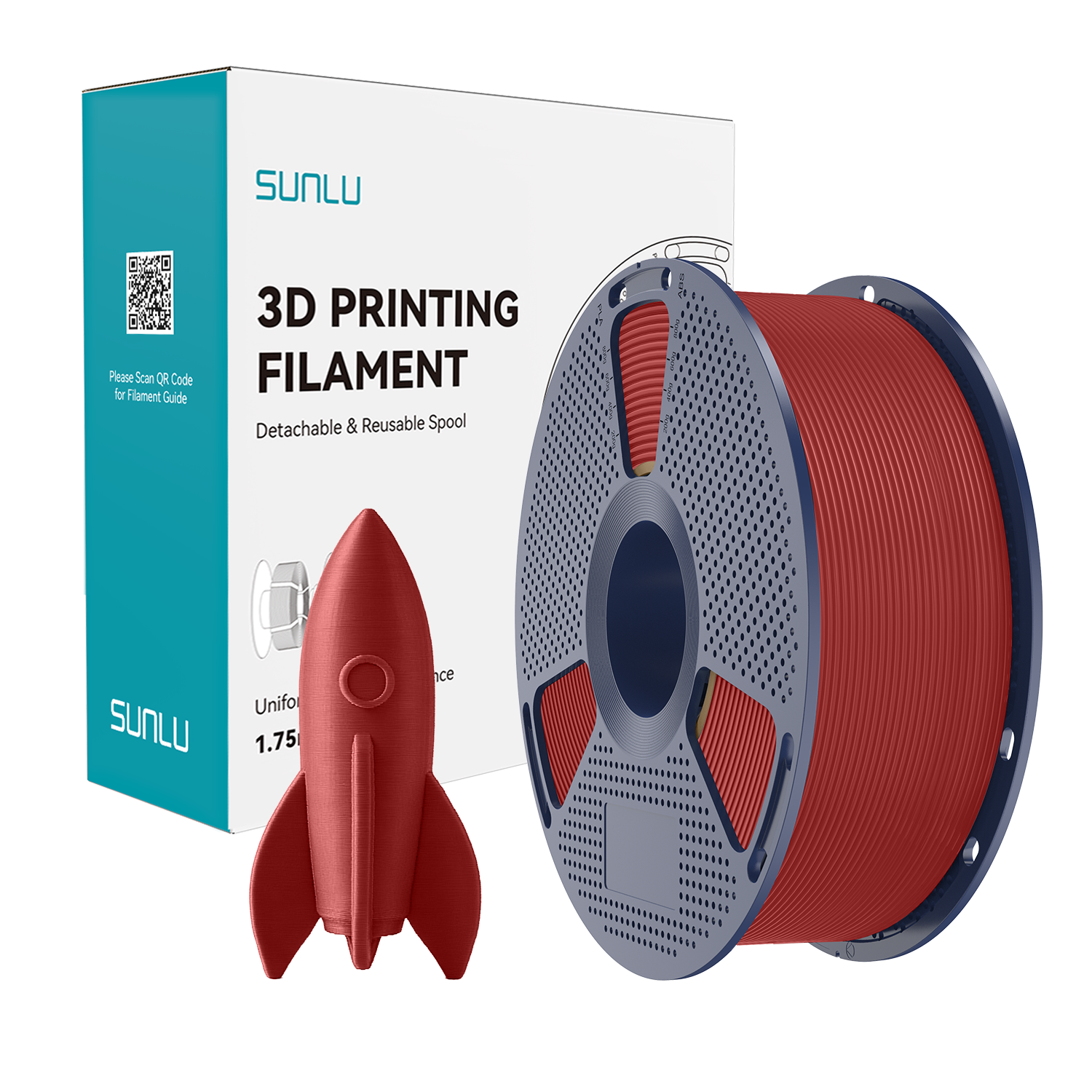 Kırmızı 3D baskı filament makarası ve ürün ambalajı yanında roket figürü.