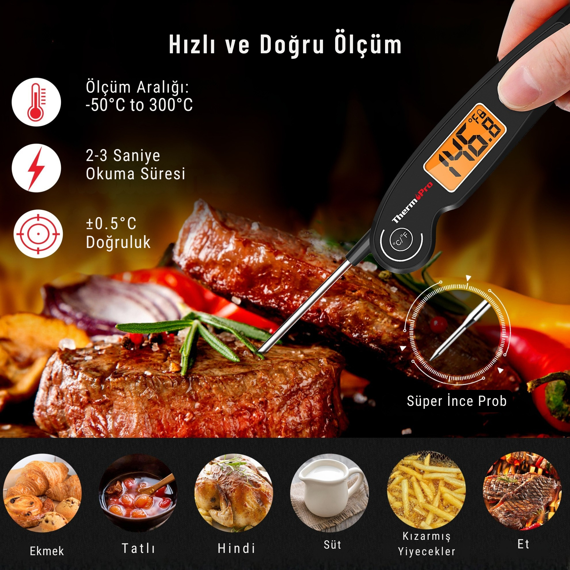 Et termometresi biftek sıcaklığını ölçer. -50 ila 300°C aralığı. Hızlı ve doğru.