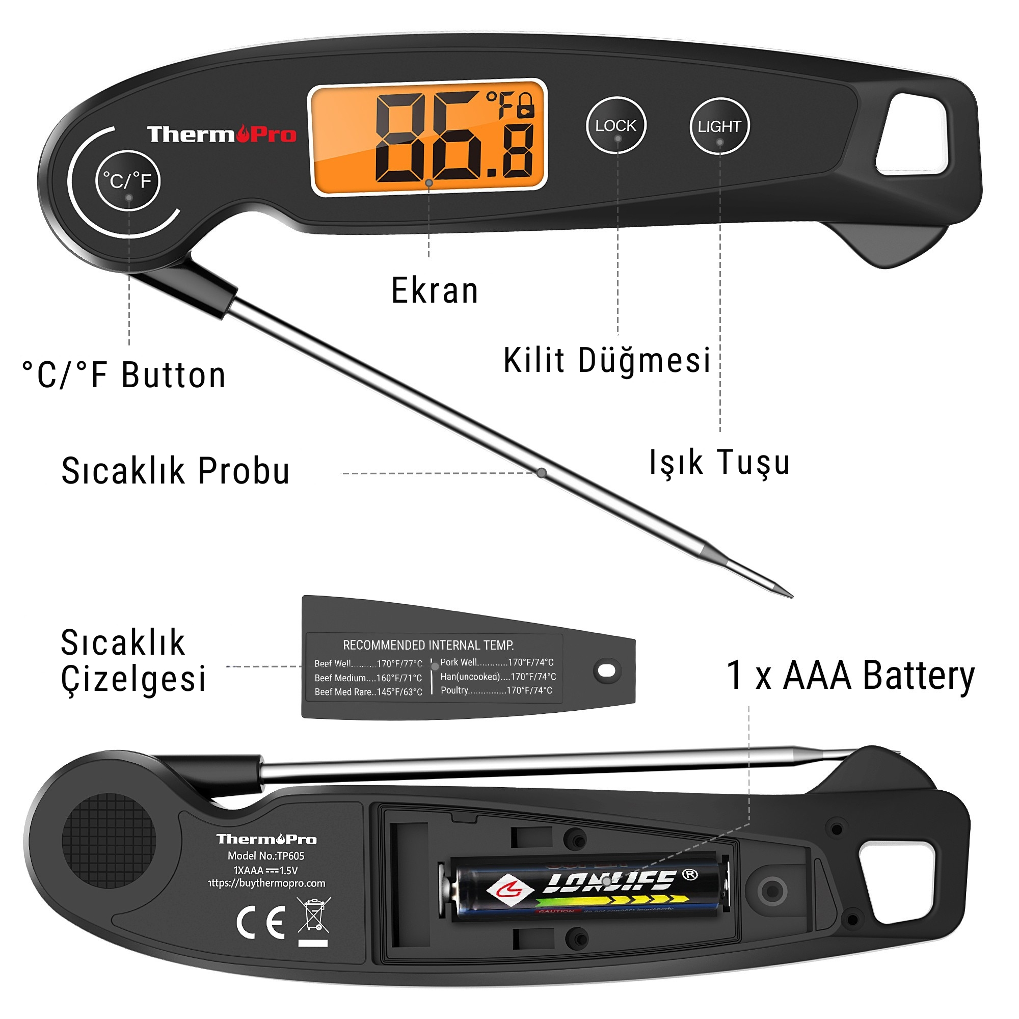 LCD ekranlı dijital termometre, paslanmaz çelik prob ve pil bölmesi.