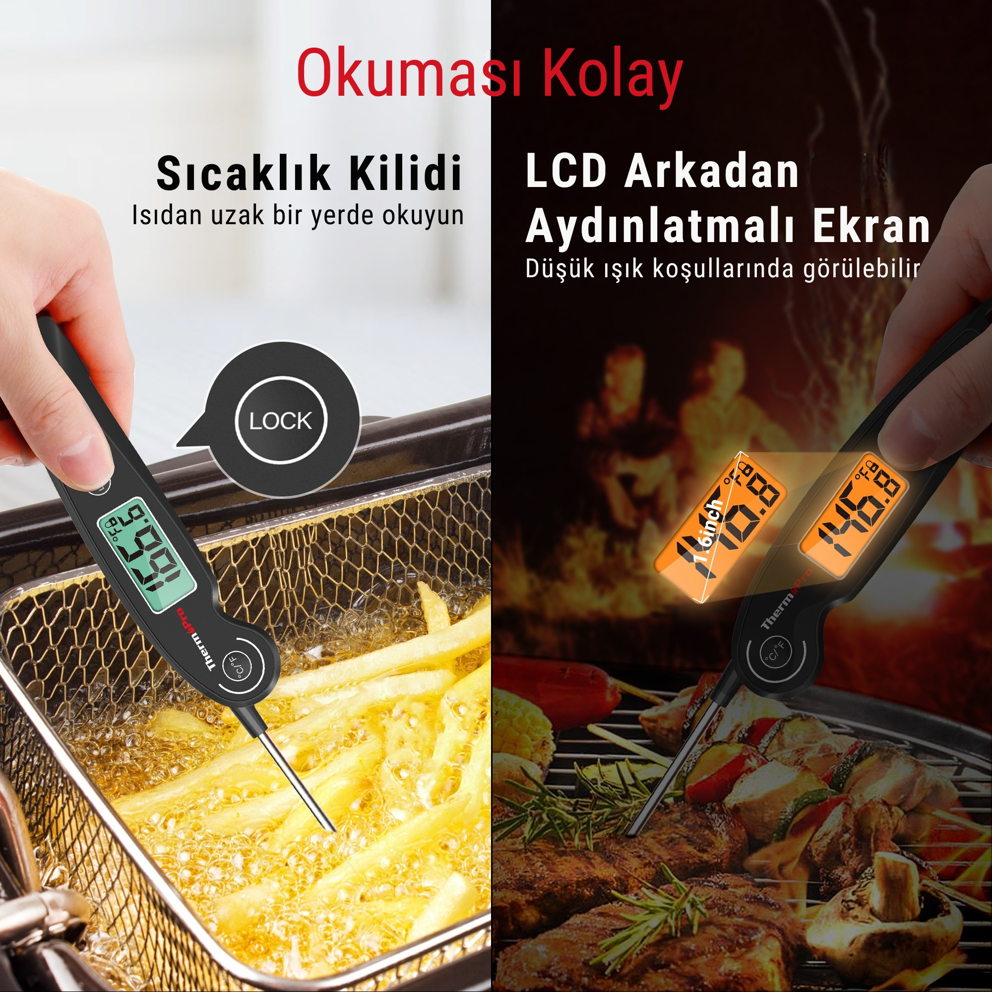 Bir termometre, yağdaki patates kızartmasını ve ızgaradaki eti ölçer.