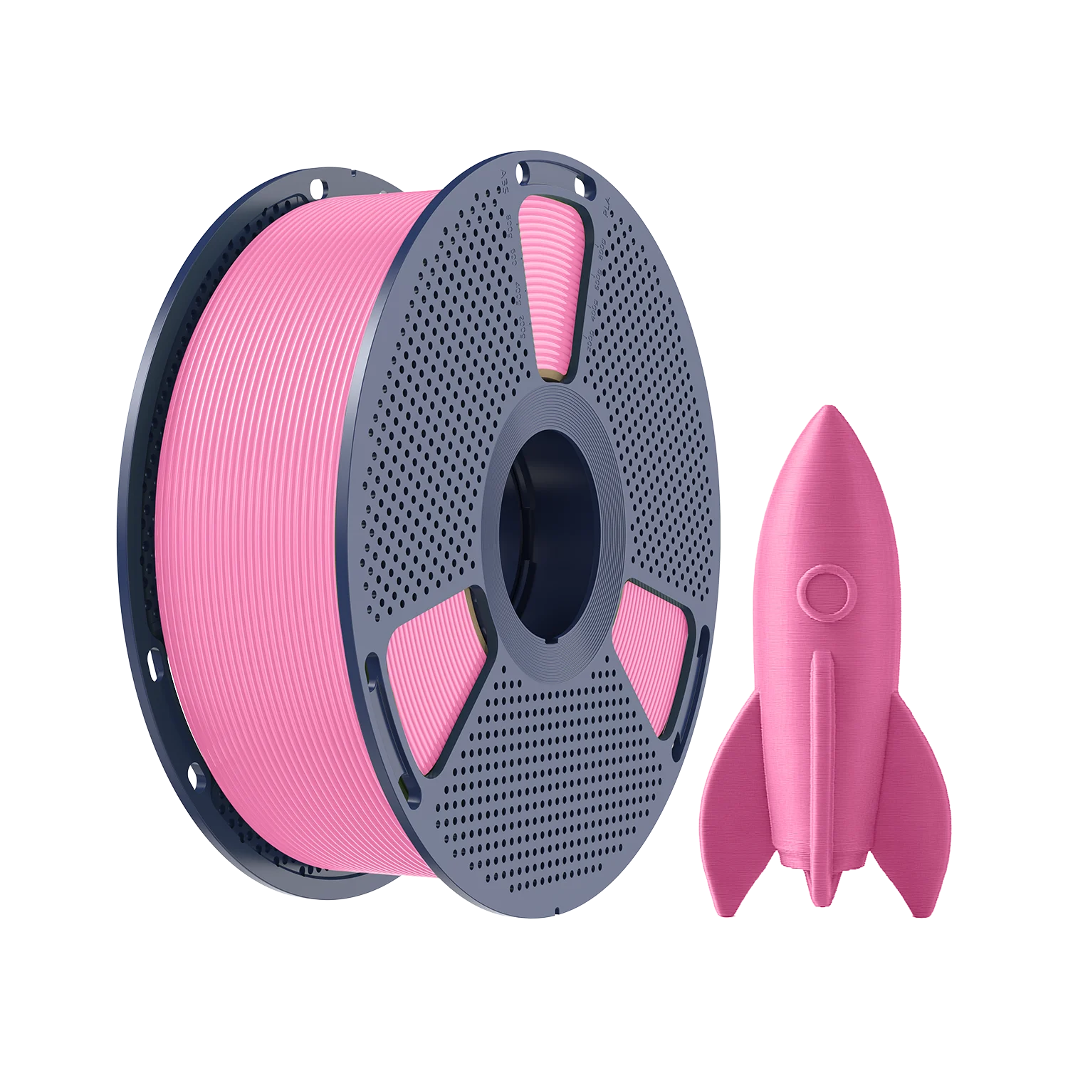 Pembe 3D yazıcı filament makarası ve roket siyah arka plan üzerinde.