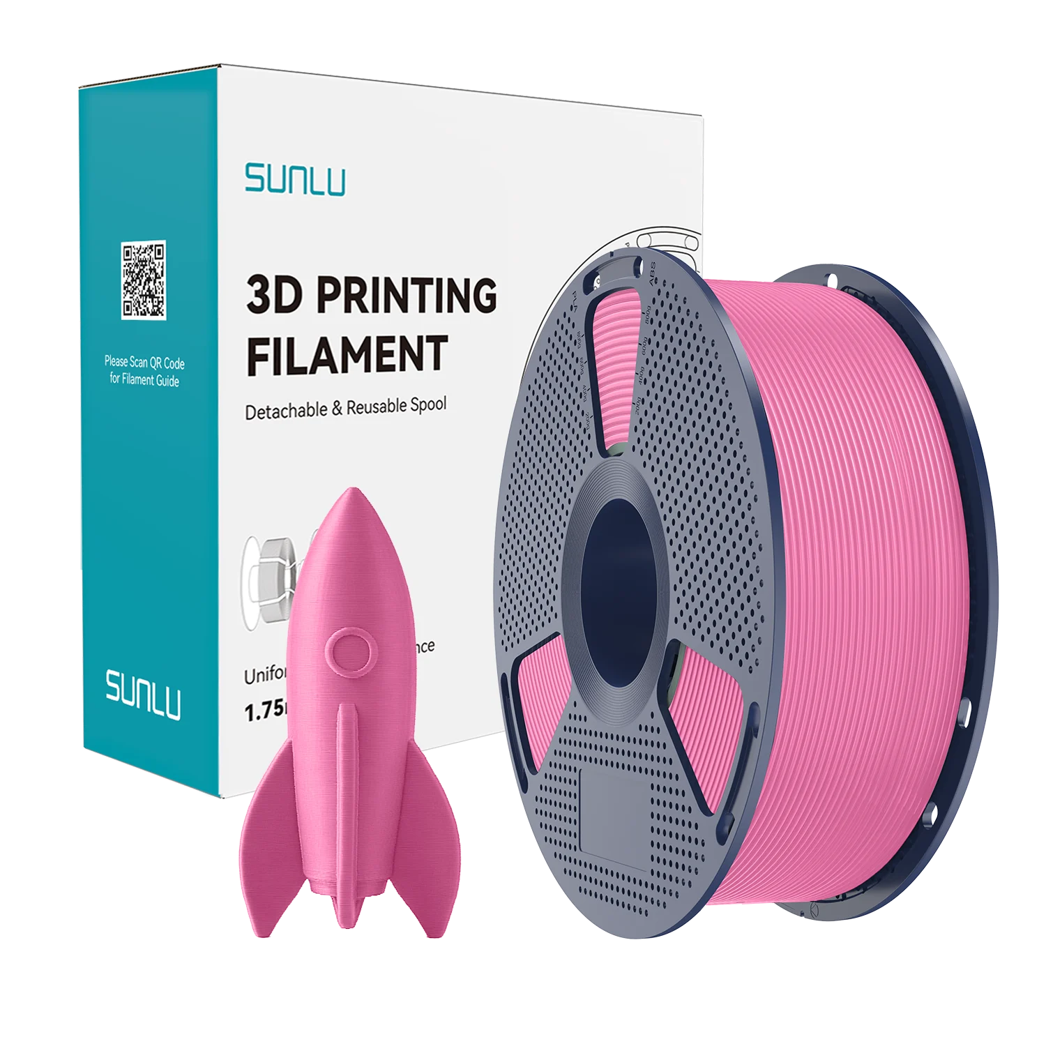 Pembe 3B baskı filaman makarası ve roket modeli bir SUNLU kutusunun yanında.