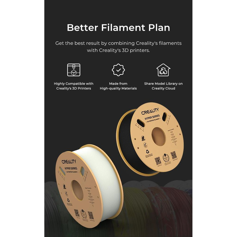İki adet 3D yazıcı filament makarası, biri beyaz, biri siyah, üzerinde Creality logosu.