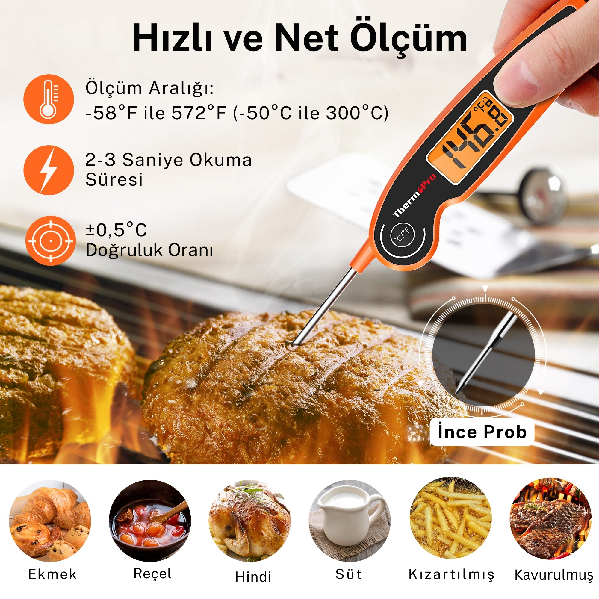 Dijital et termometresi, ızgarada pişirilen etin sıcaklığını ölçer.