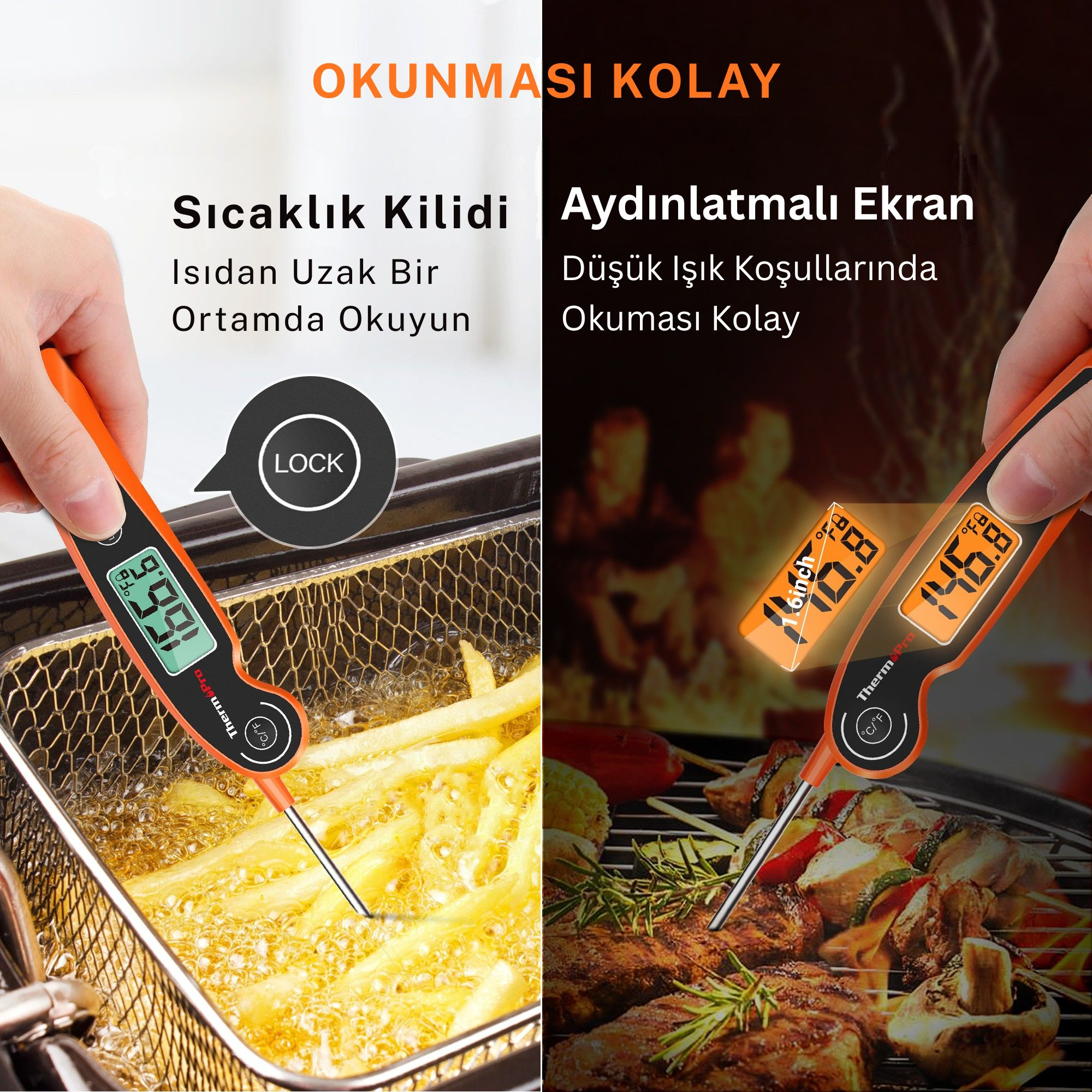 Dijital termometre patates kızartmasında ve ızgarada etle sebzeyle.