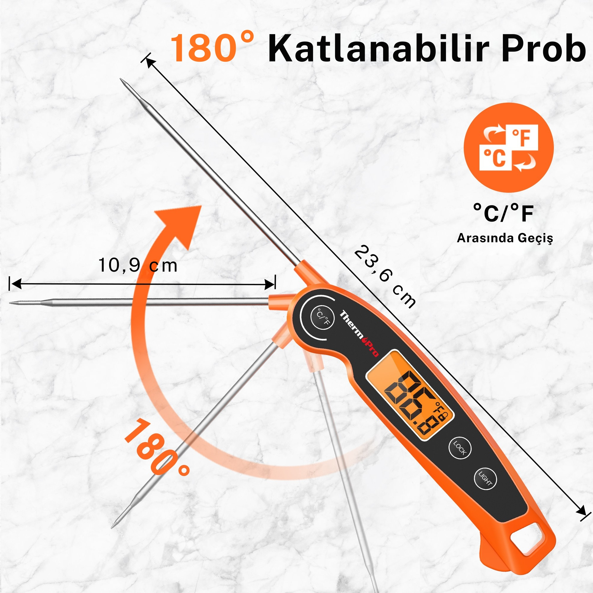 Katlanabilir metal proba sahip turuncu dijital termometre.