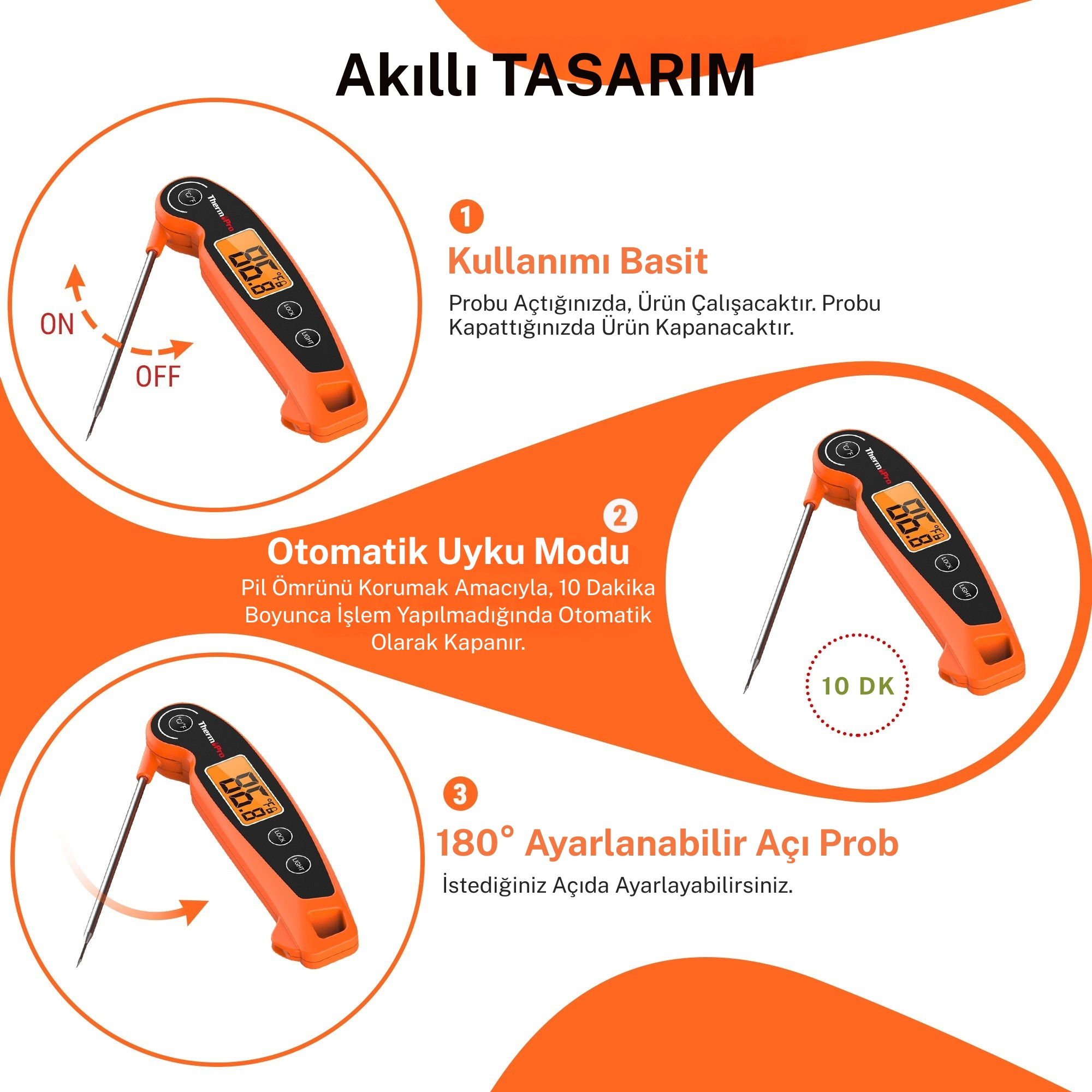 Katlanabilir metal proba sahip turuncu dijital termometre.