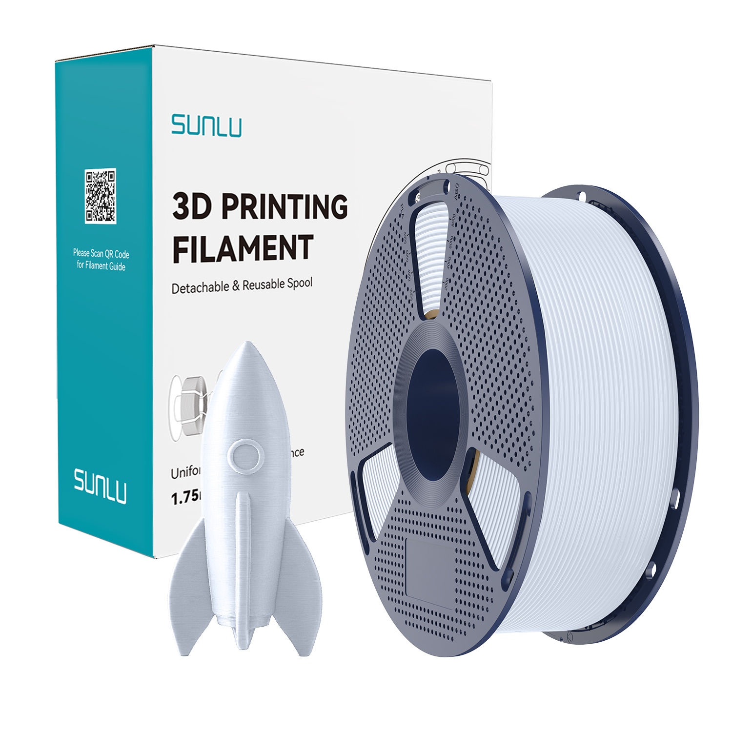SUNLU 3D baskı filamenti makarada, roket modeli ve kutusuyla.