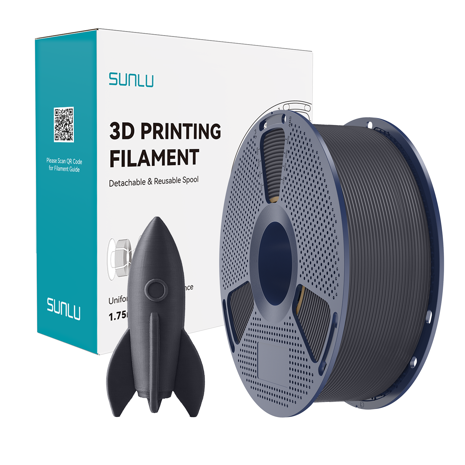 SUNLU 3D baskı filament makarası ve roket modeli siyah arka planda.