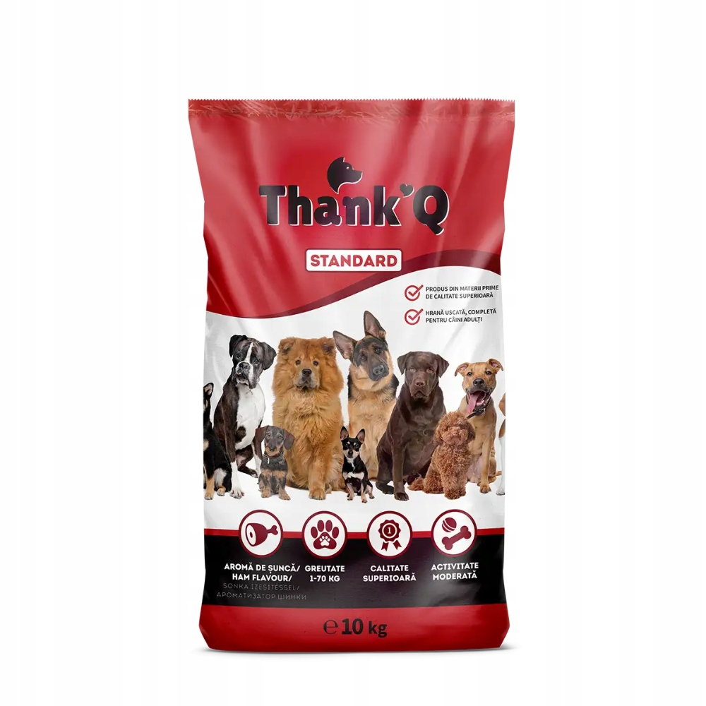 Torba karmy dla psów z różnymi psami i informacjami o produkcie.