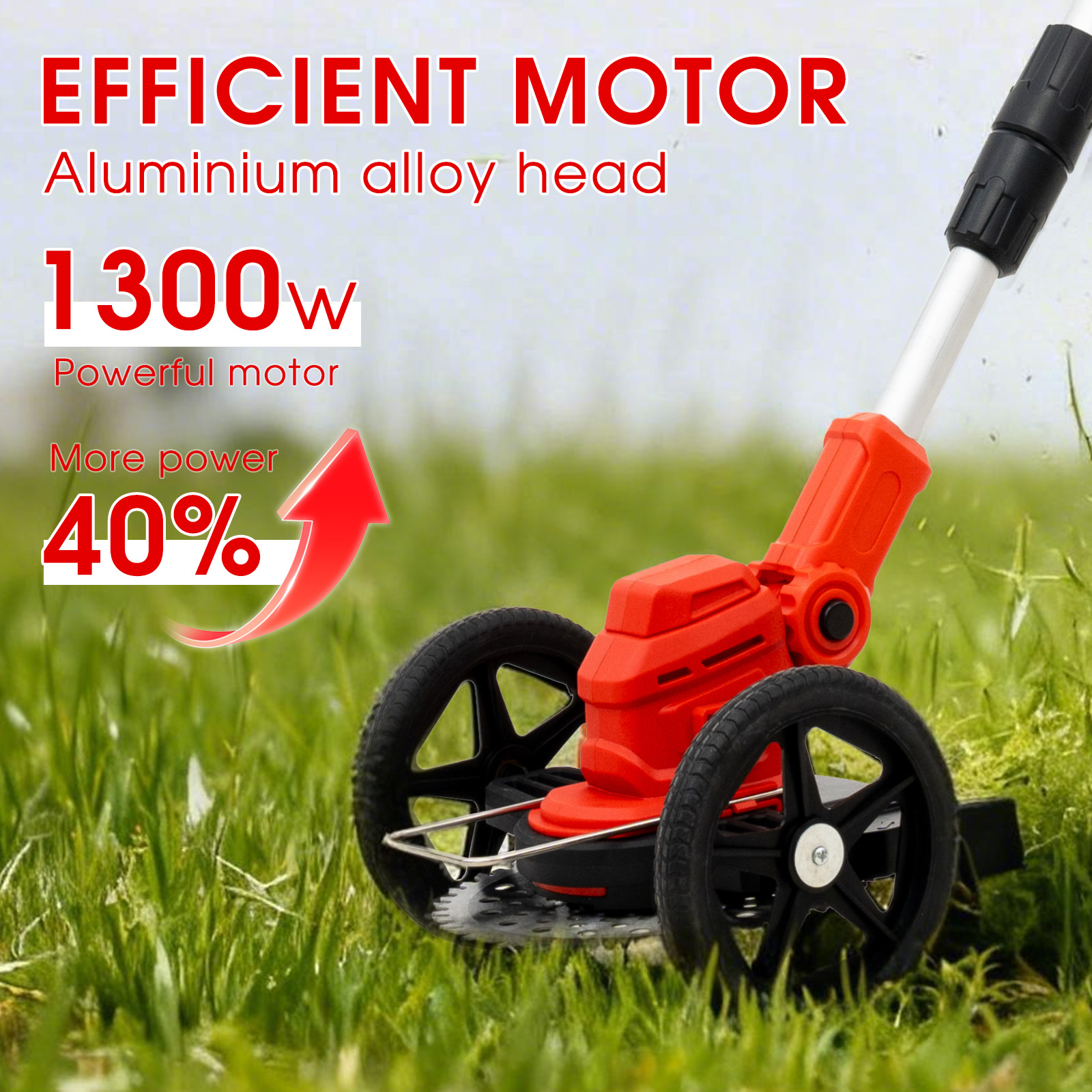 A red lawnmower with wheels sits in grass. Text promotes an efficient 1300W motor.