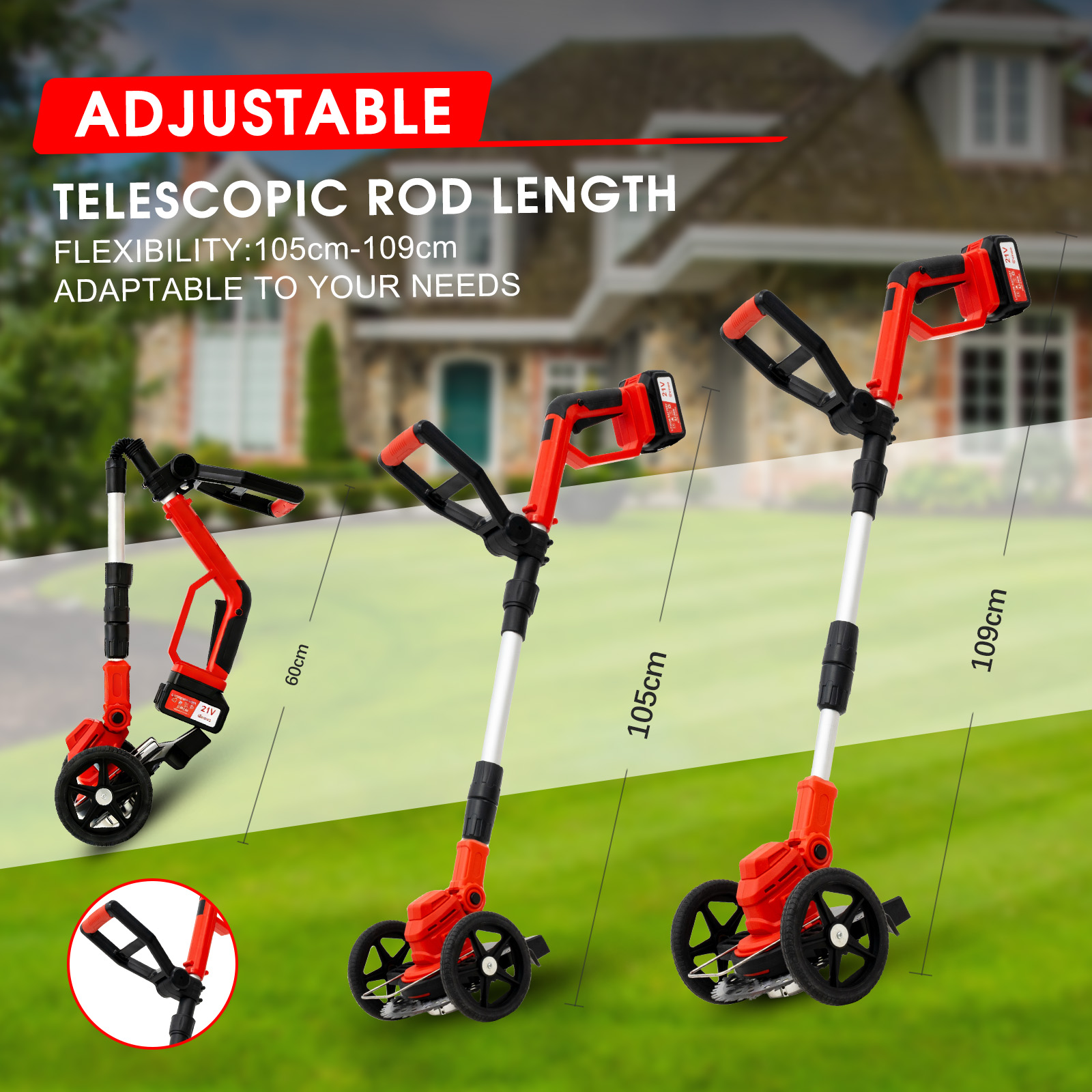 Red and black telescopic grass trimmer with wheels, adjustable to 60, 105, 109 cm.
