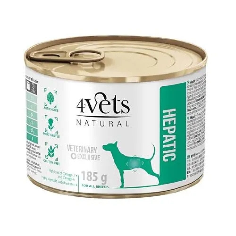 Puszka karmy dla psów 4Vets Natural Hepatic, 185g, z sylwetką psa.