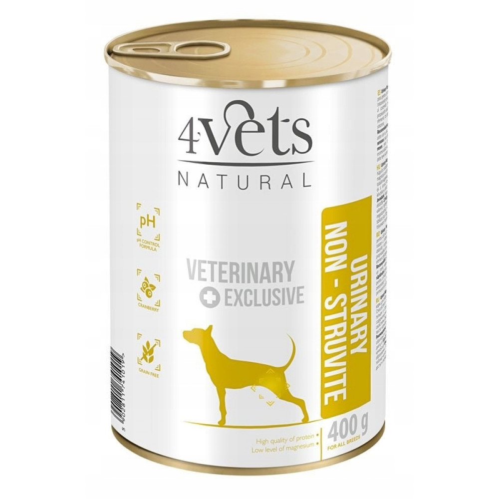 Biała puszka z żółtymi akcentami dla karmy dla psów '4Vets Natural Veterinary Exclusive'.