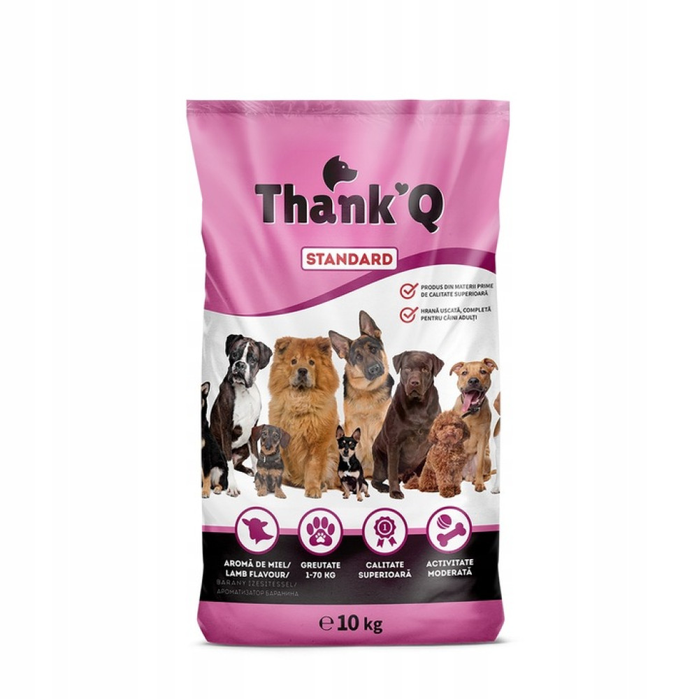 Torba karmy dla psów Thank Q Standard z różnymi psami.