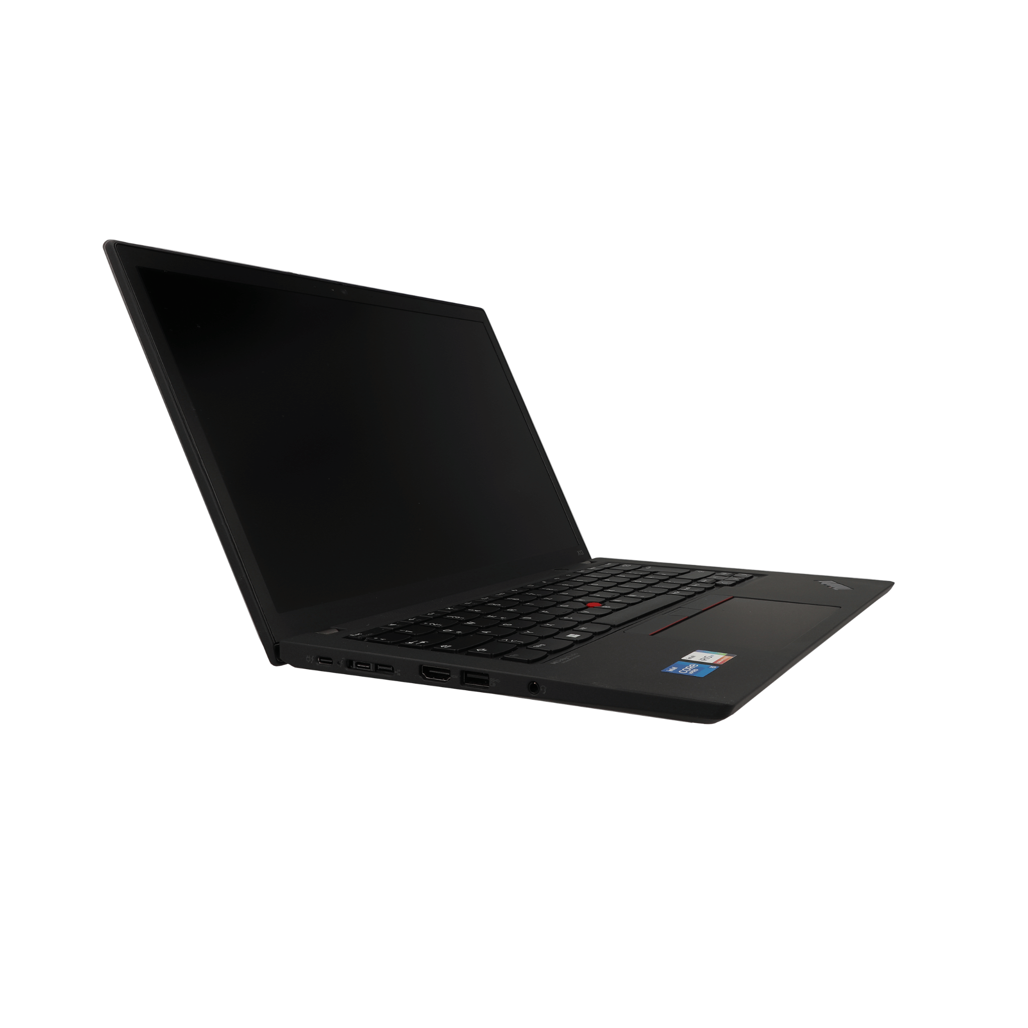 Schwarzer Laptop mit Tastatur und Anschlüssen, auf weißem Hintergrund.