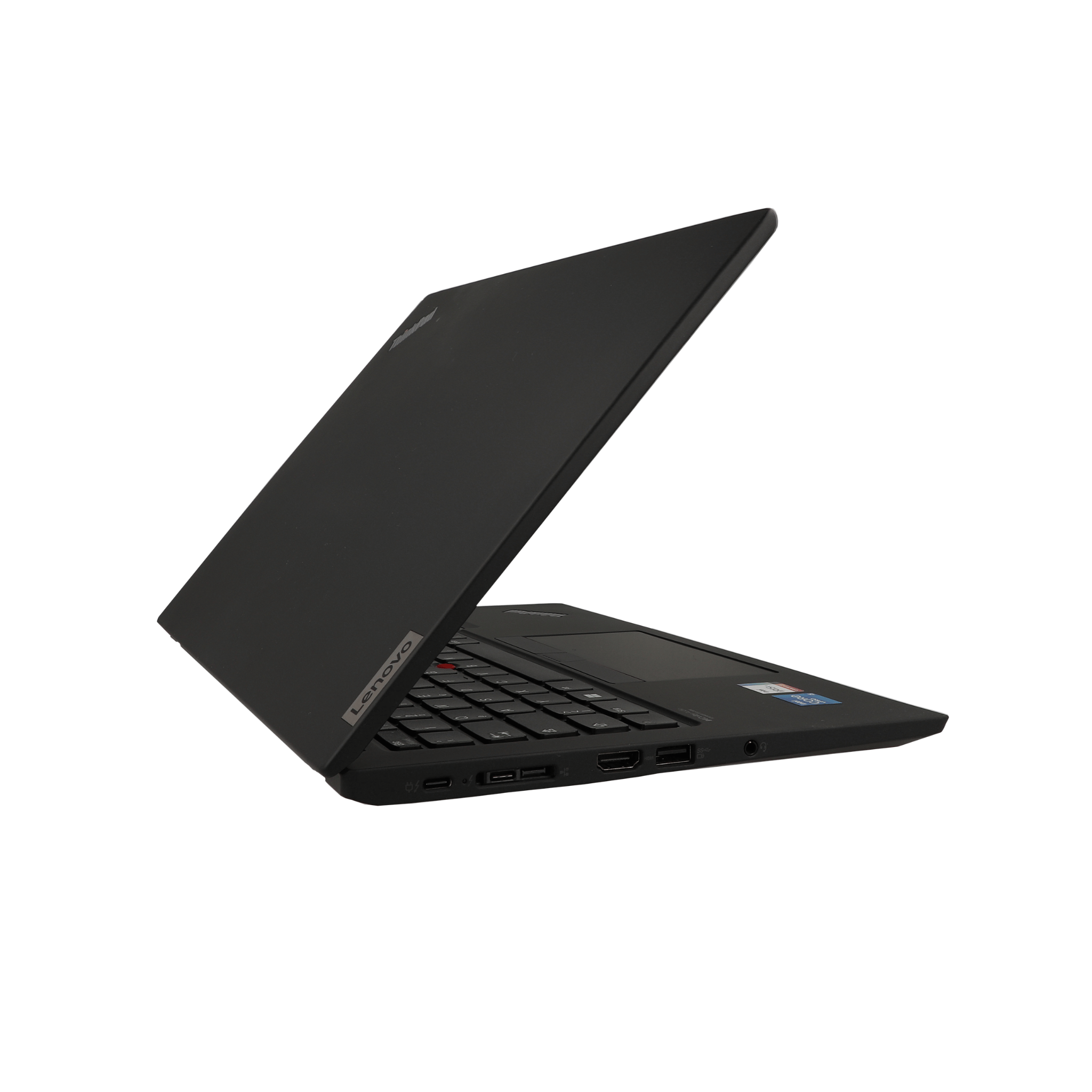 Schwarzer Lenovo Laptop mit geöffnetem Bildschirm und Tastatur, seitliche Ansicht.