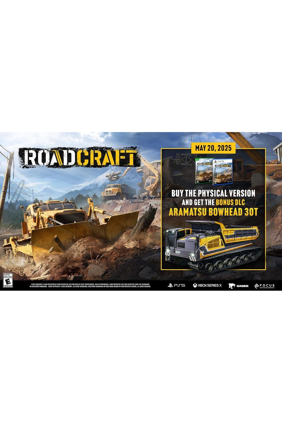 Sarı bir buldozer toprak itiyor. Arkada inşaat araçları ve Roadcraft logosu.