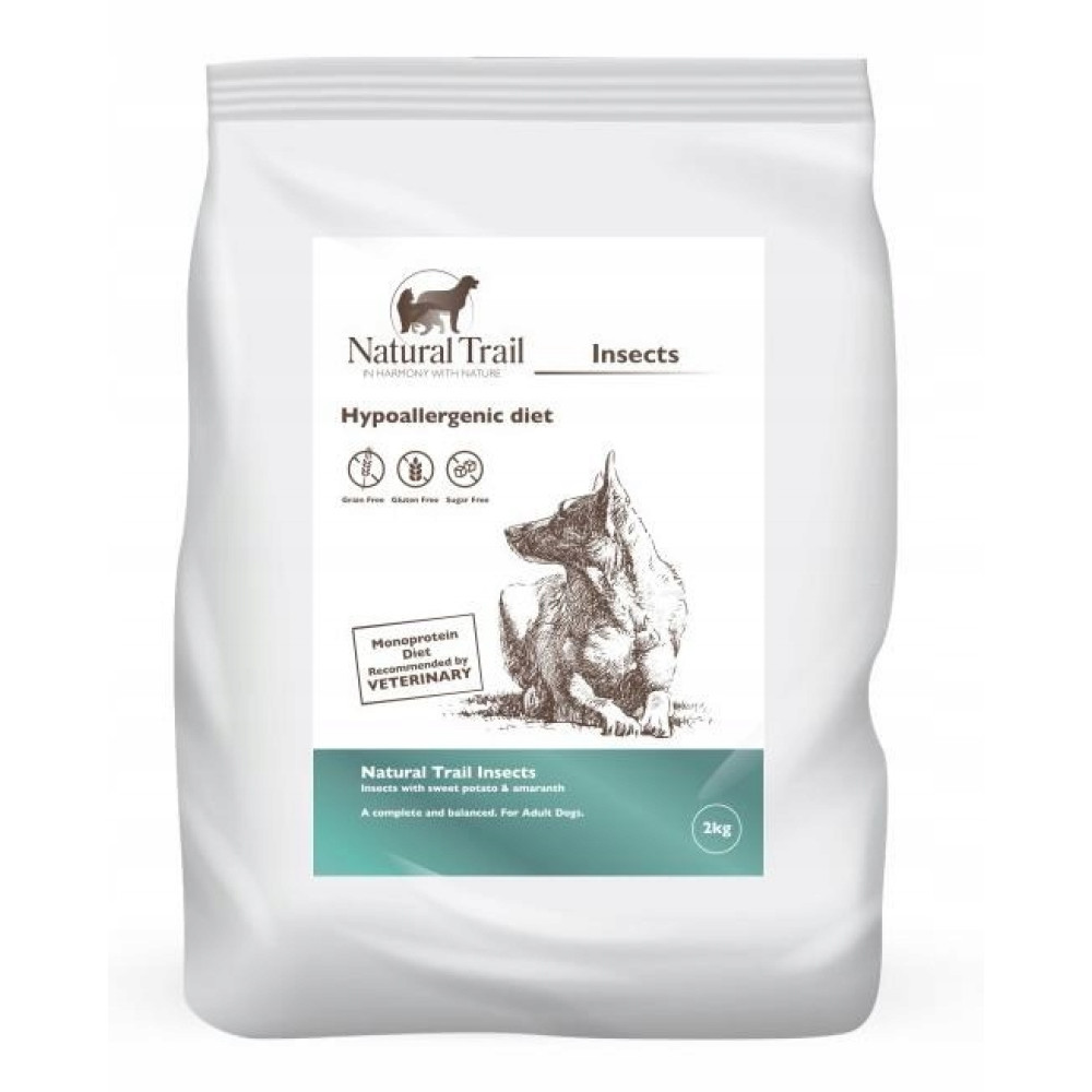 Worek 2kg hipoalergicznej karmy Natural Trail z owadów. Ilustracja psa.