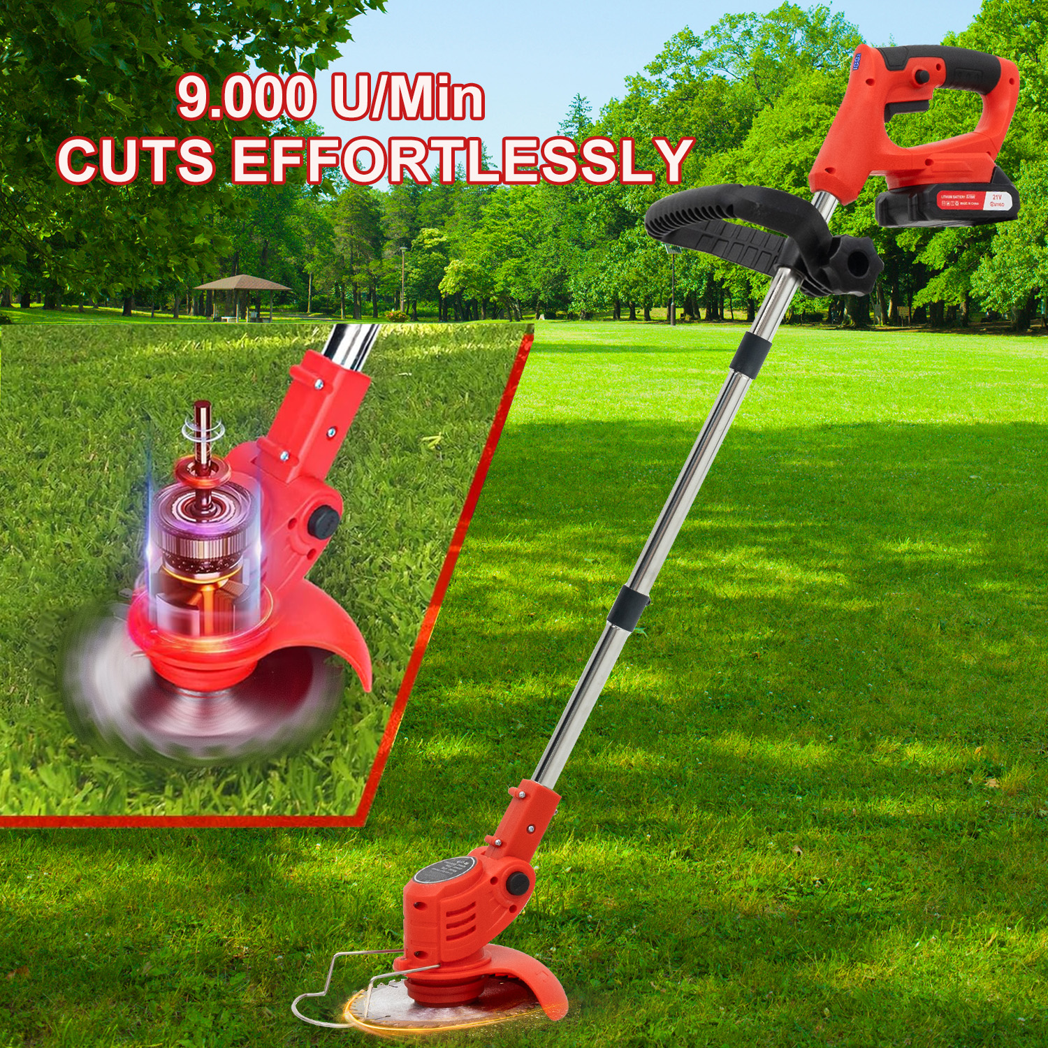 A red cordless trimmer on a green lawn with trees in the background.
