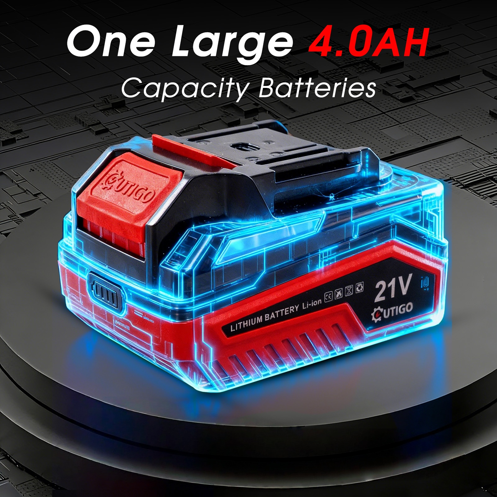 A red and black 21V battery with blue glowing elements.
