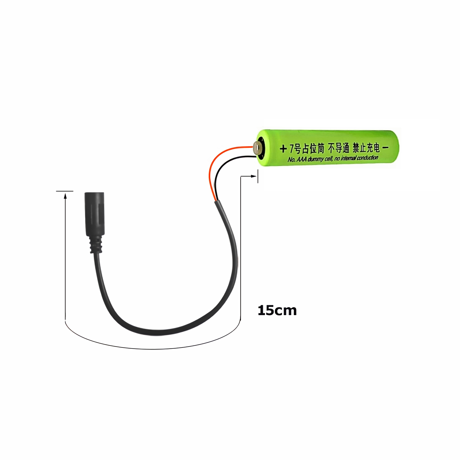 Grüne Dummy-AAA-Batterie mit 15cm Kabel und schwarzem Stecker.