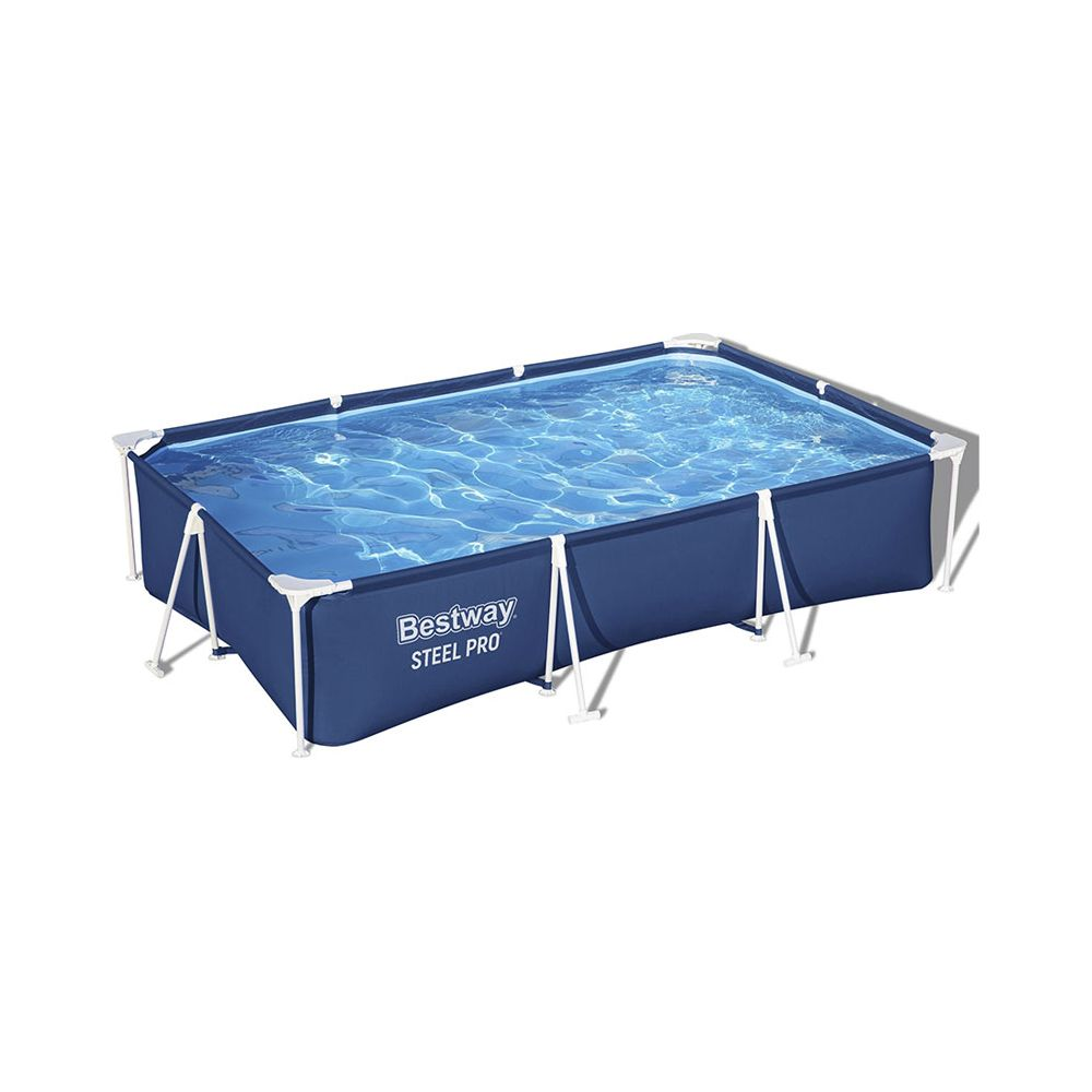 Une piscine rectangulaire bleue hors sol avec cadre en acier, remplie d'eau.