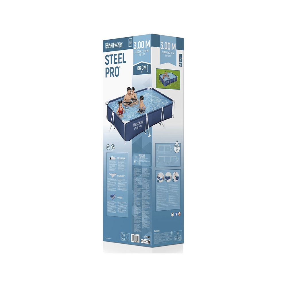 Emballage piscine Bestway Steel Pro avec famille dans piscine et infos produit.