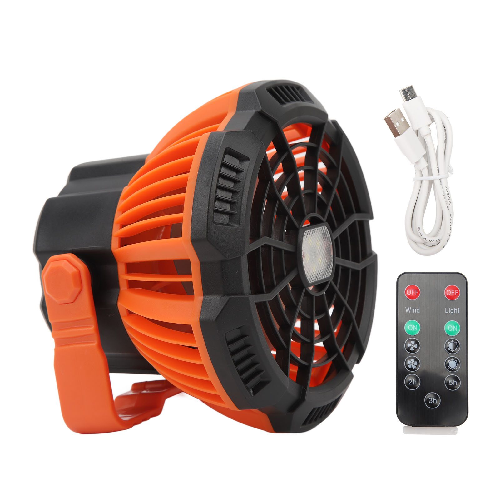 Orange-schwarzer Ventilator mit Fernbedienung und USB-Kabel auf weißem Hintergrund.