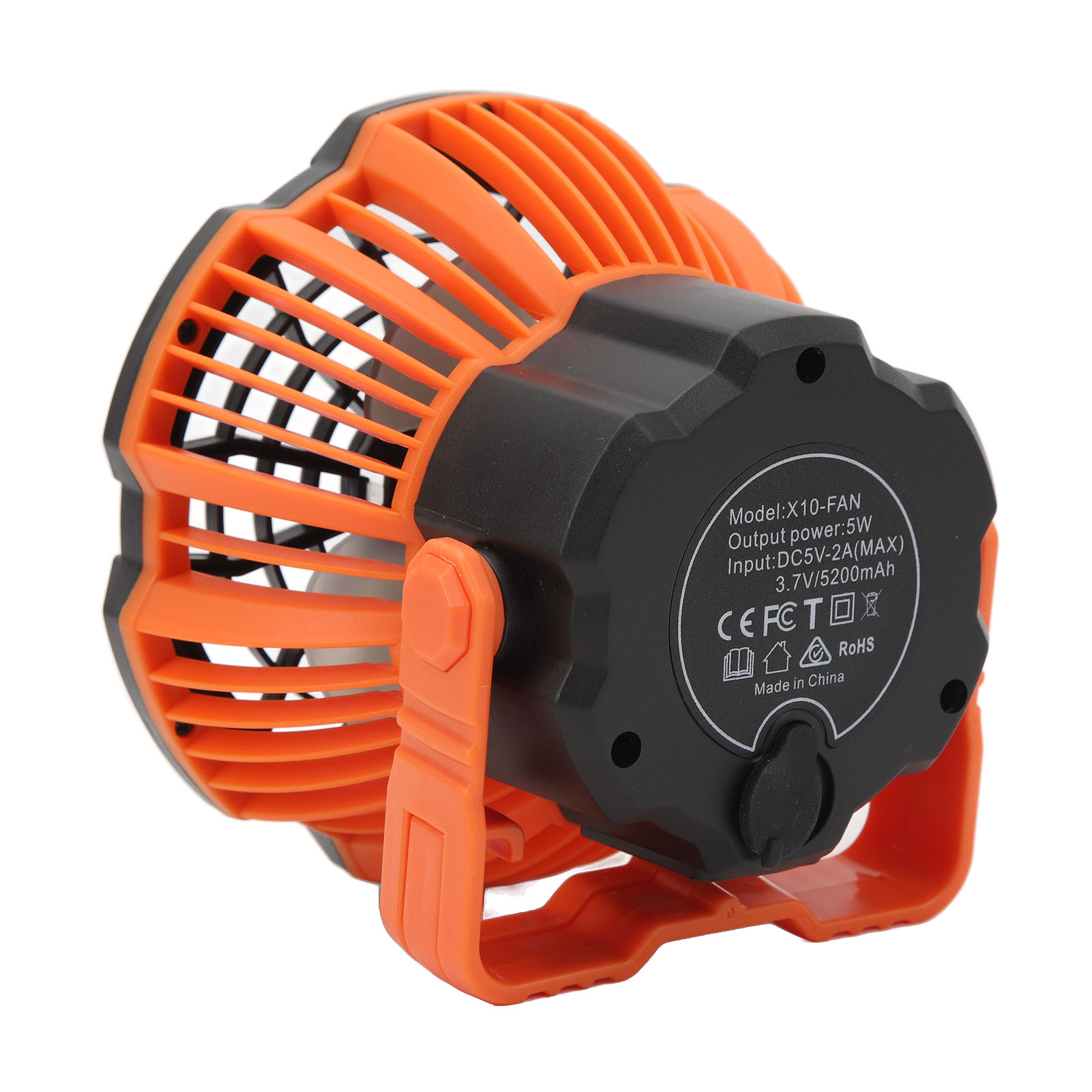 Ein tragbarer orange-schwarzer Ventilator mit Modellnummer X10-FAN und Ladeinformationen.