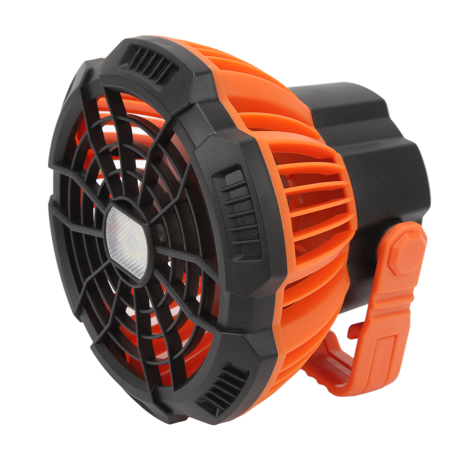 Ein orange-schwarzer Lüfter mit einem Griff und einer LED-Leuchte.