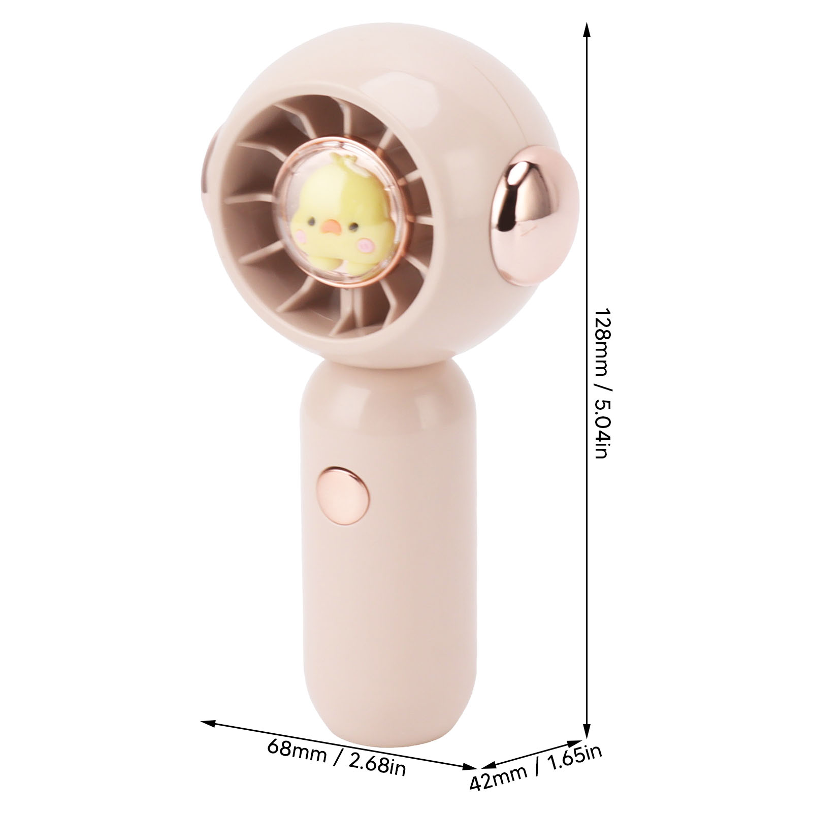 Ein beiger Ventilator mit einem Küken-Design und Maßen.