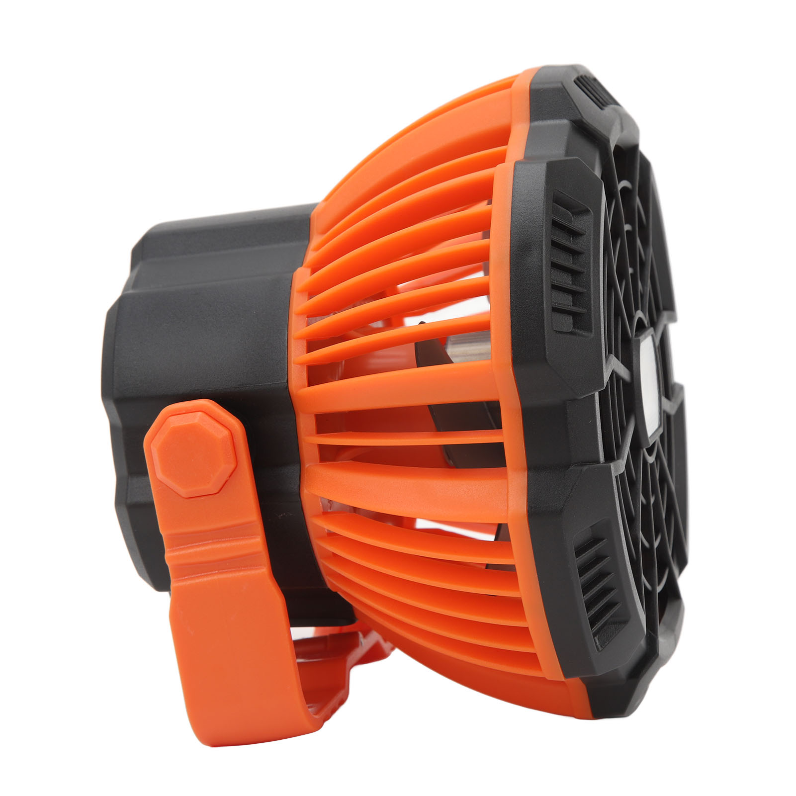 Ein tragbarer orange-schwarzer Lüfter mit einem robusten Griff.