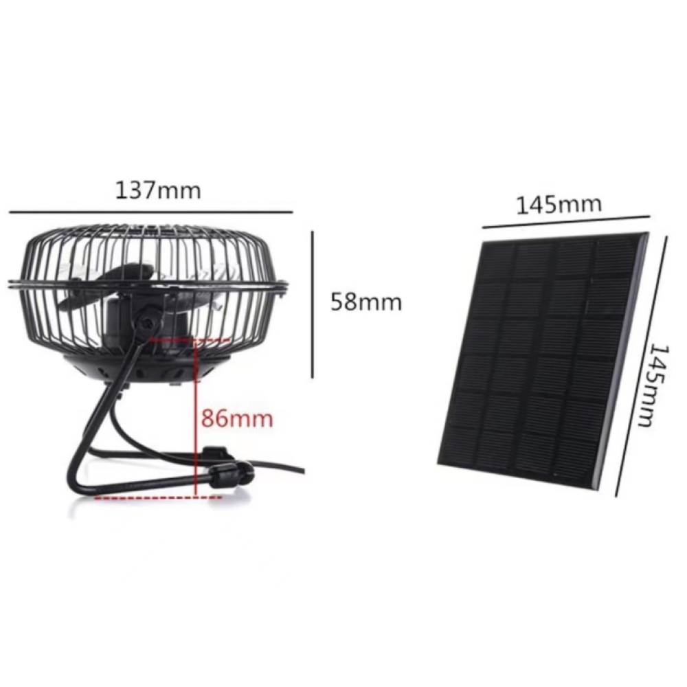 Ein schwarzer Ventilator mit Gitterschutz und ein schwarzes Solarpanel nebeneinander.