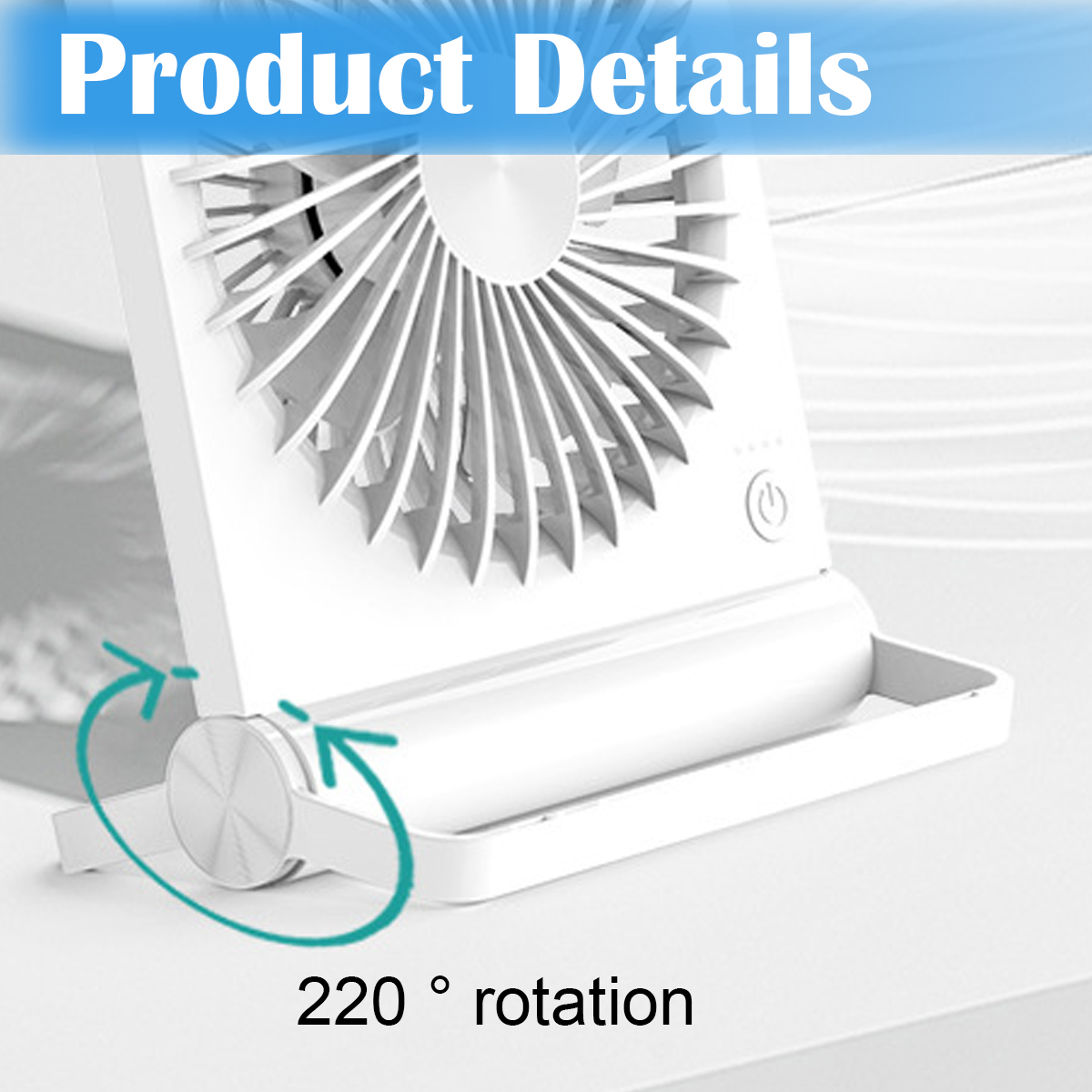 Ein weißer Ventilator mit 220° Drehung und einer Ladeanzeige.