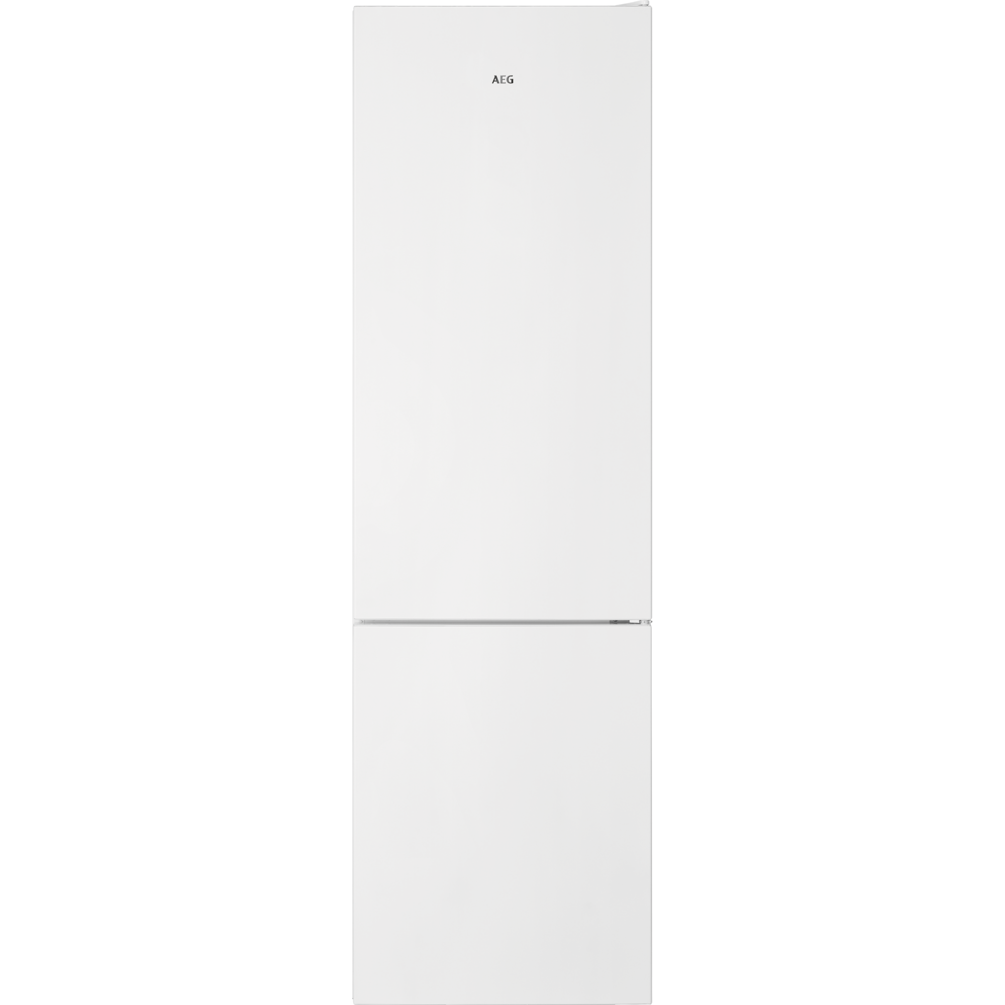 Un refrigerador AEG blanco con dos puertas y una línea plateada.