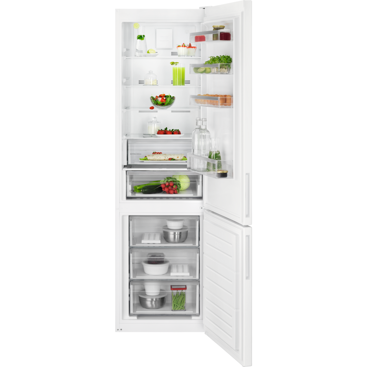 Un refrigerador blanco abierto lleno de alimentos.