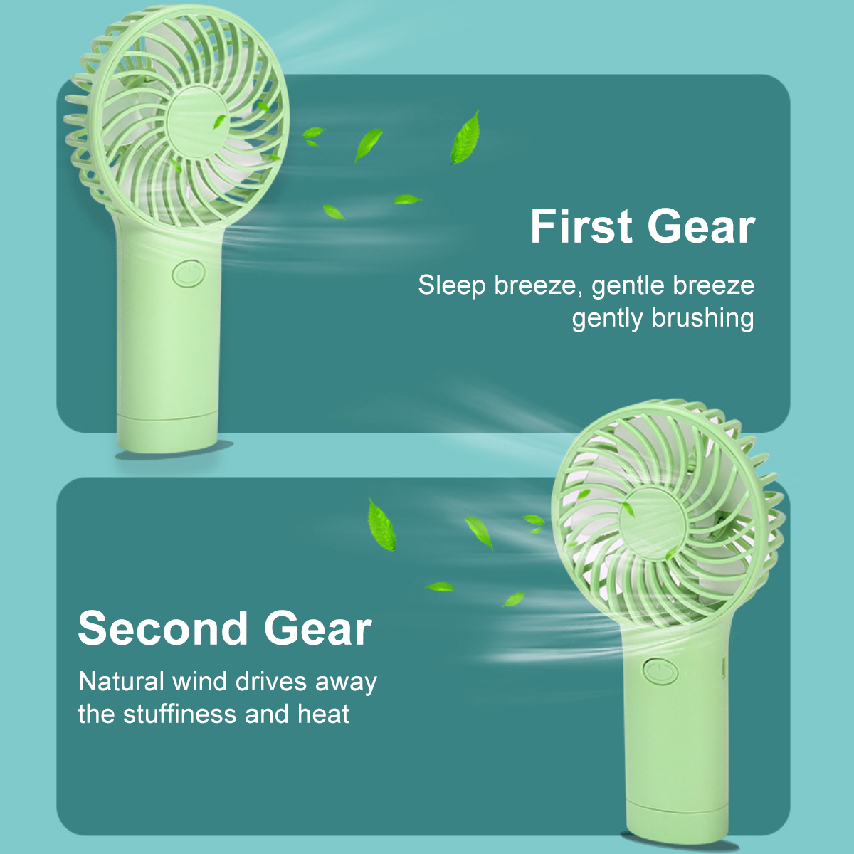 Zwei grüne tragbare Ventilatoren, einer über dem anderen, zeigen verschiedene Gänge und Windeffekte.