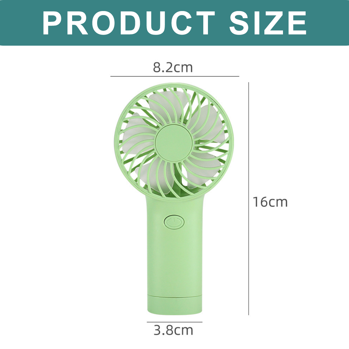 Ein kleiner, grüner Handventilator mit Maßen: 8,2cm breit, 16cm hoch, 3,8cm tief.