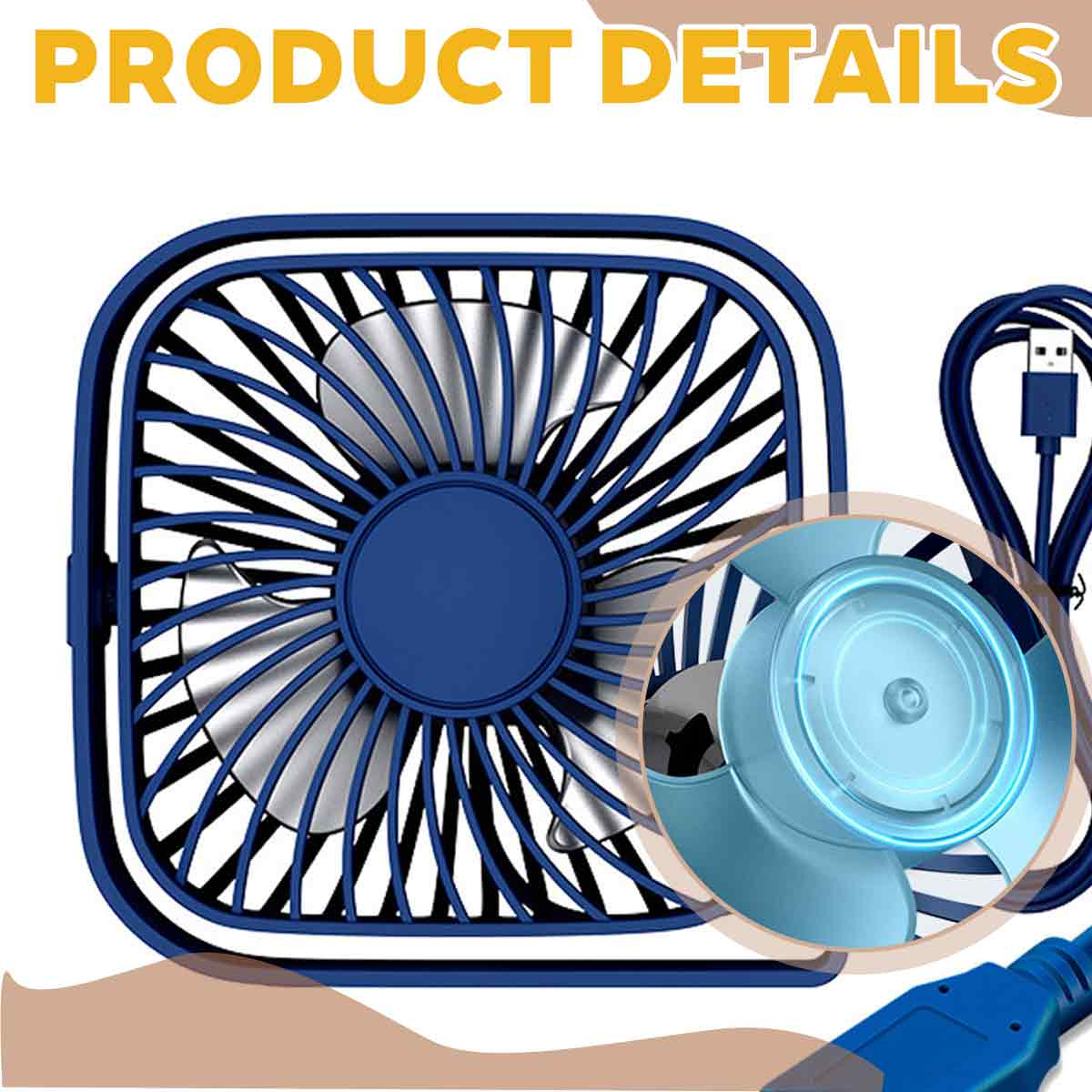 Ein blauer USB-Ventilator mit Nahaufnahme des Motors und des Kabels.