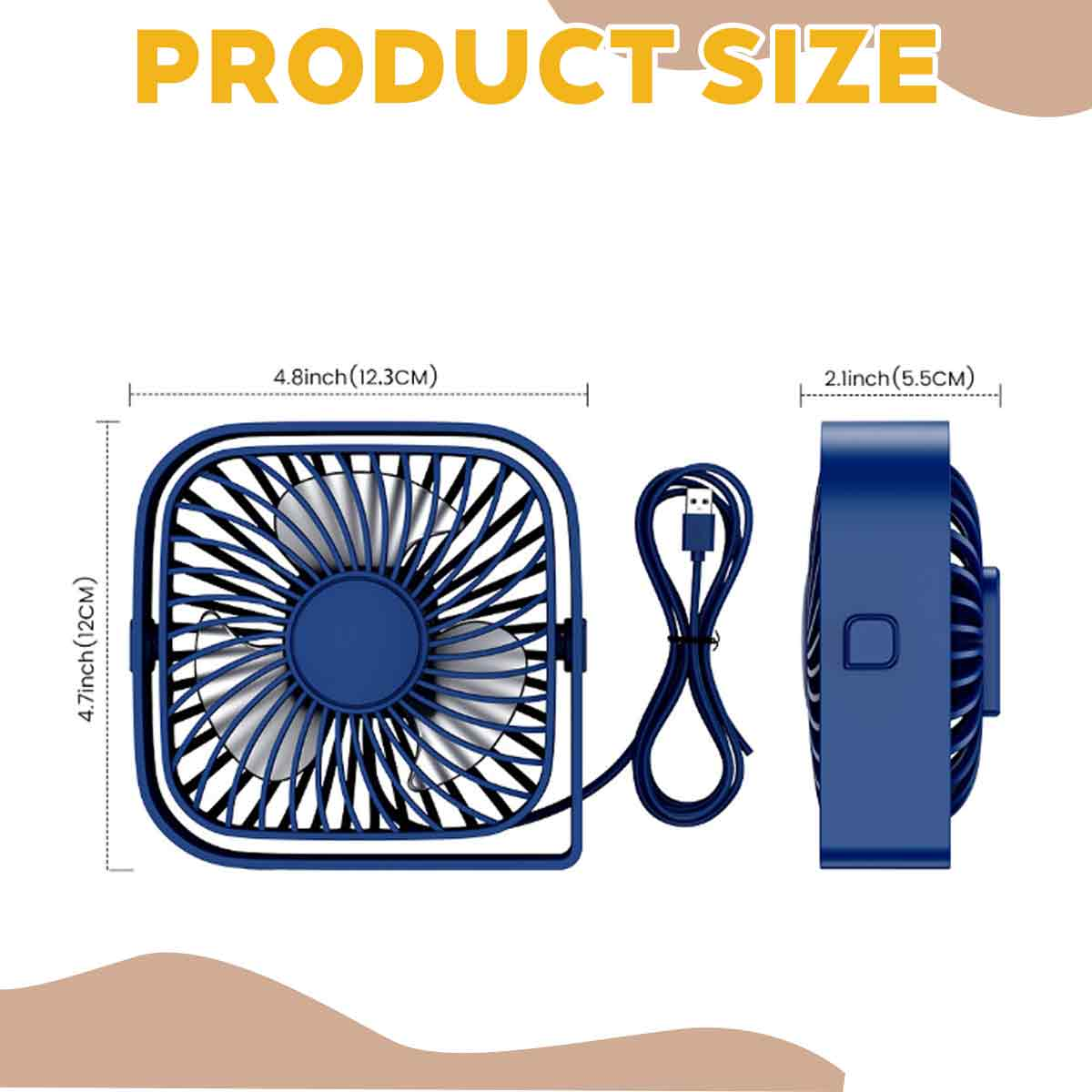 Blauer Ventilator mit Maßen 12,3 x 12 cm, 5,5 cm tief. USB-Kabel.
