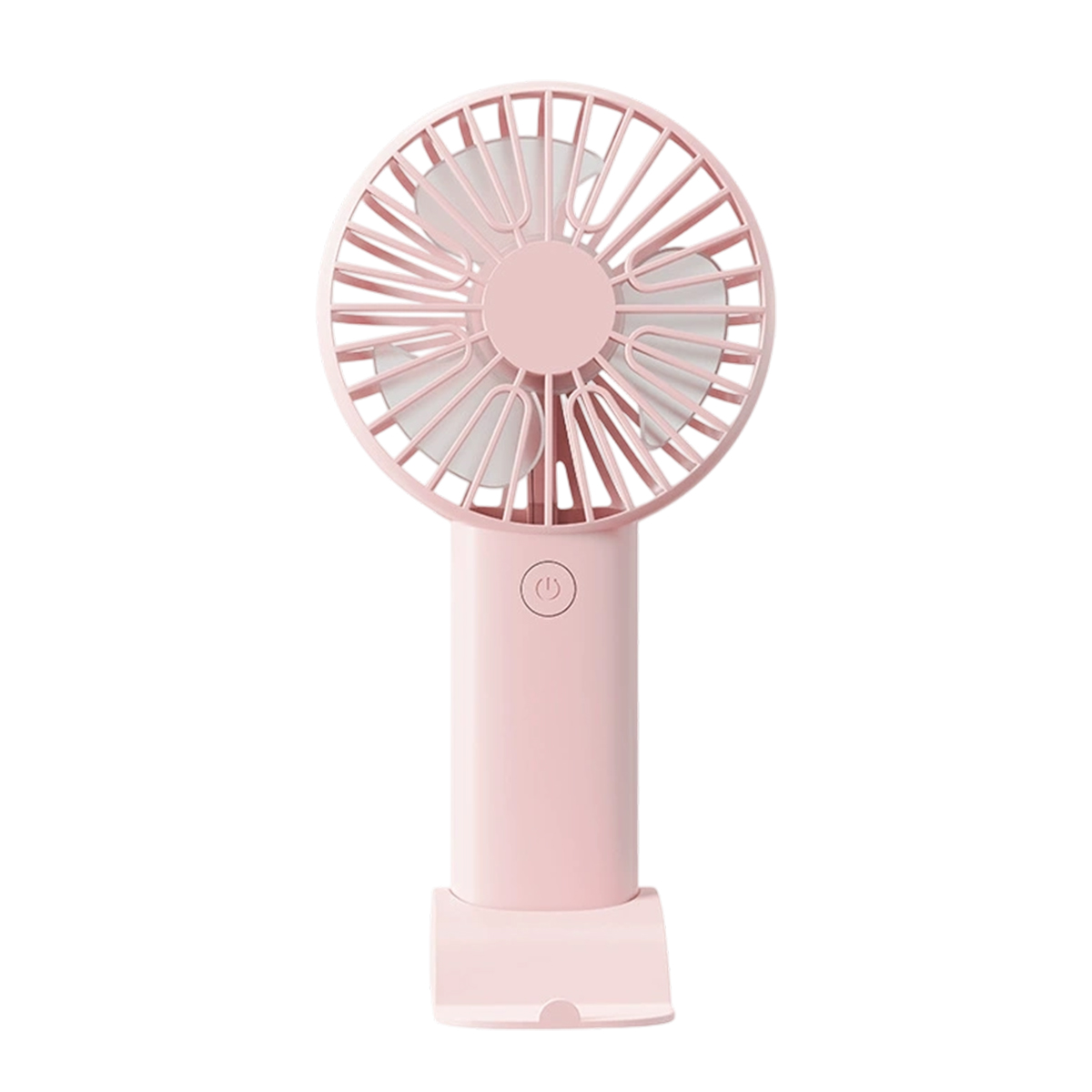Ein kleiner rosafarbener Ventilator mit Griff und Basis.