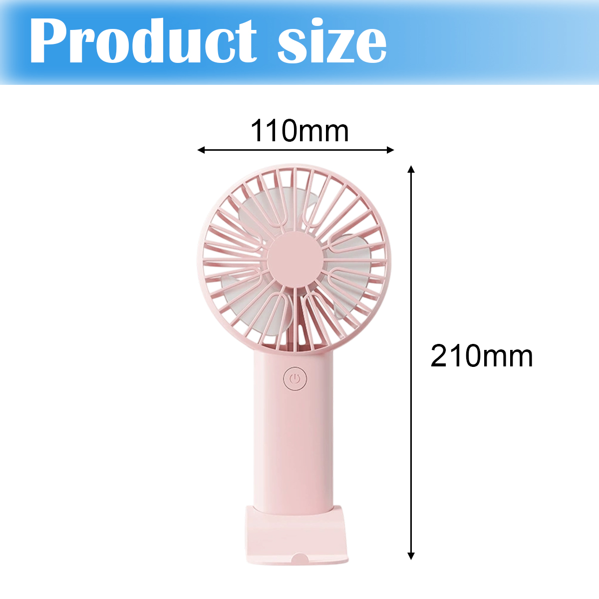 Ein rosafarbener Mini-Ventilator mit den Maßen 110 mm x 210 mm.