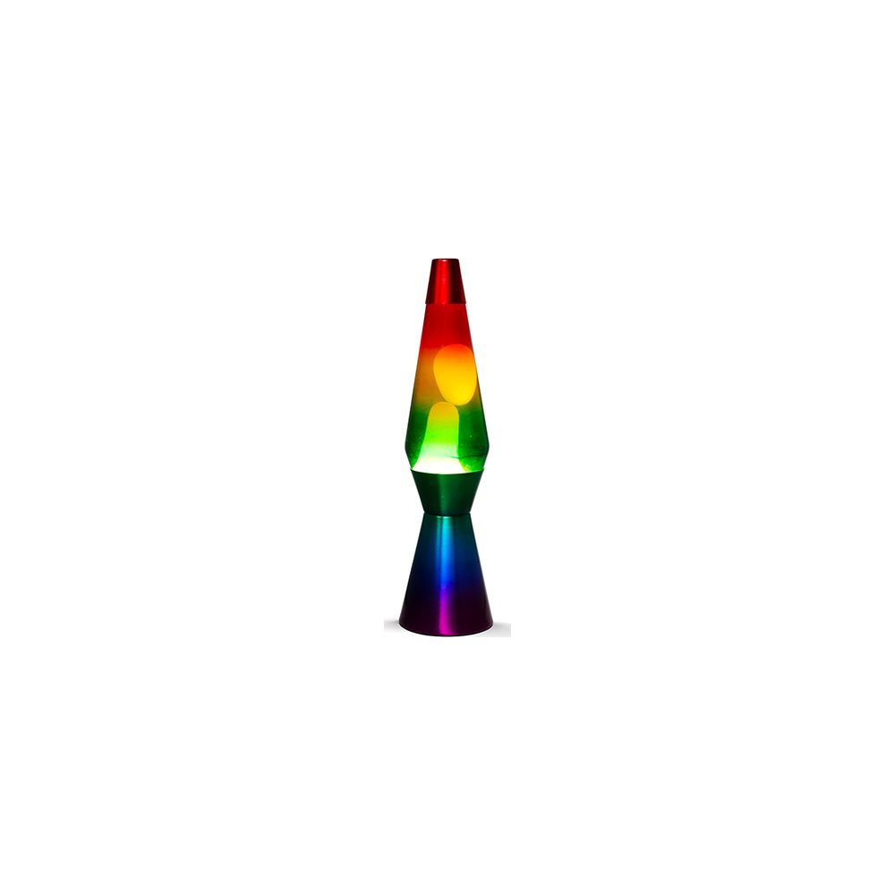 Eine bunte Lava-Lampe mit roten, gelben und grünen Flüssigkeiten.